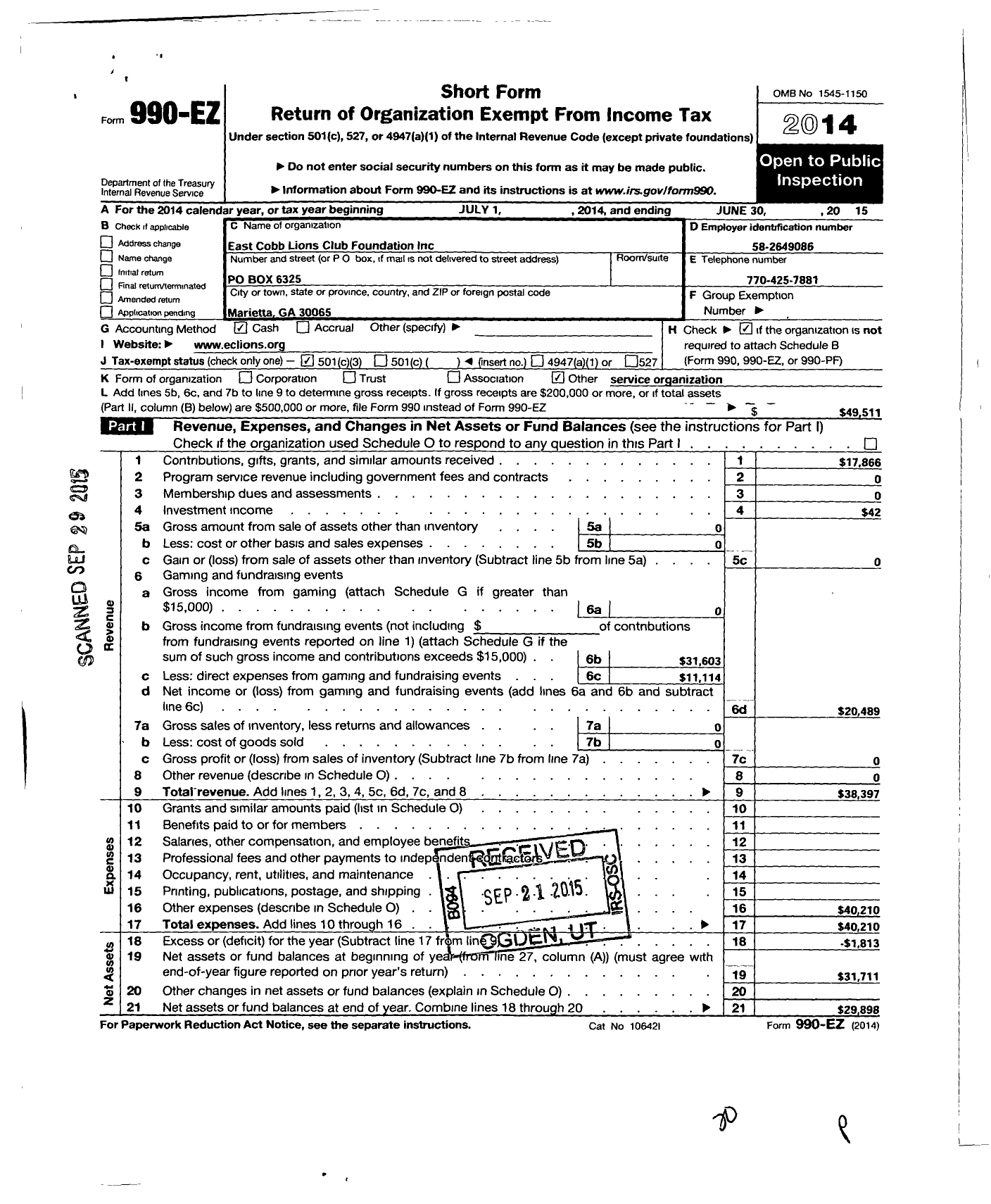 Image of first page of 2014 Form 990EZ for East Cobb Lions Club Foundation