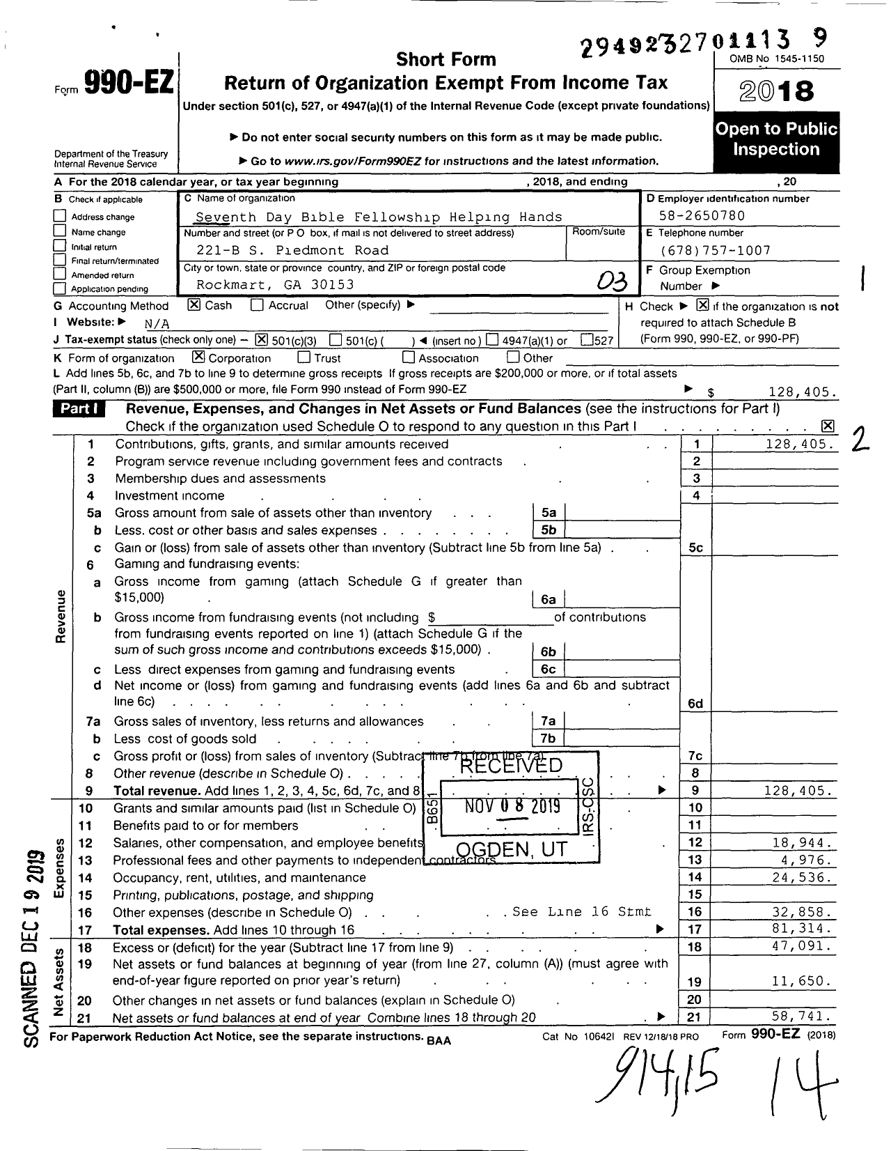 Image of first page of 2018 Form 990EZ for Seventh Day Bible Fellowship Helping Hands