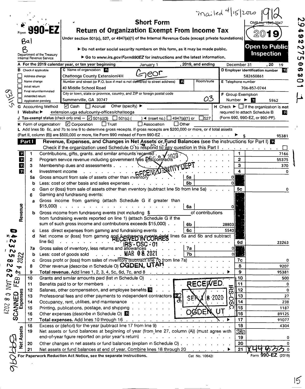 Image of first page of 2019 Form 990EZ for Chattooga County Extension-4-H