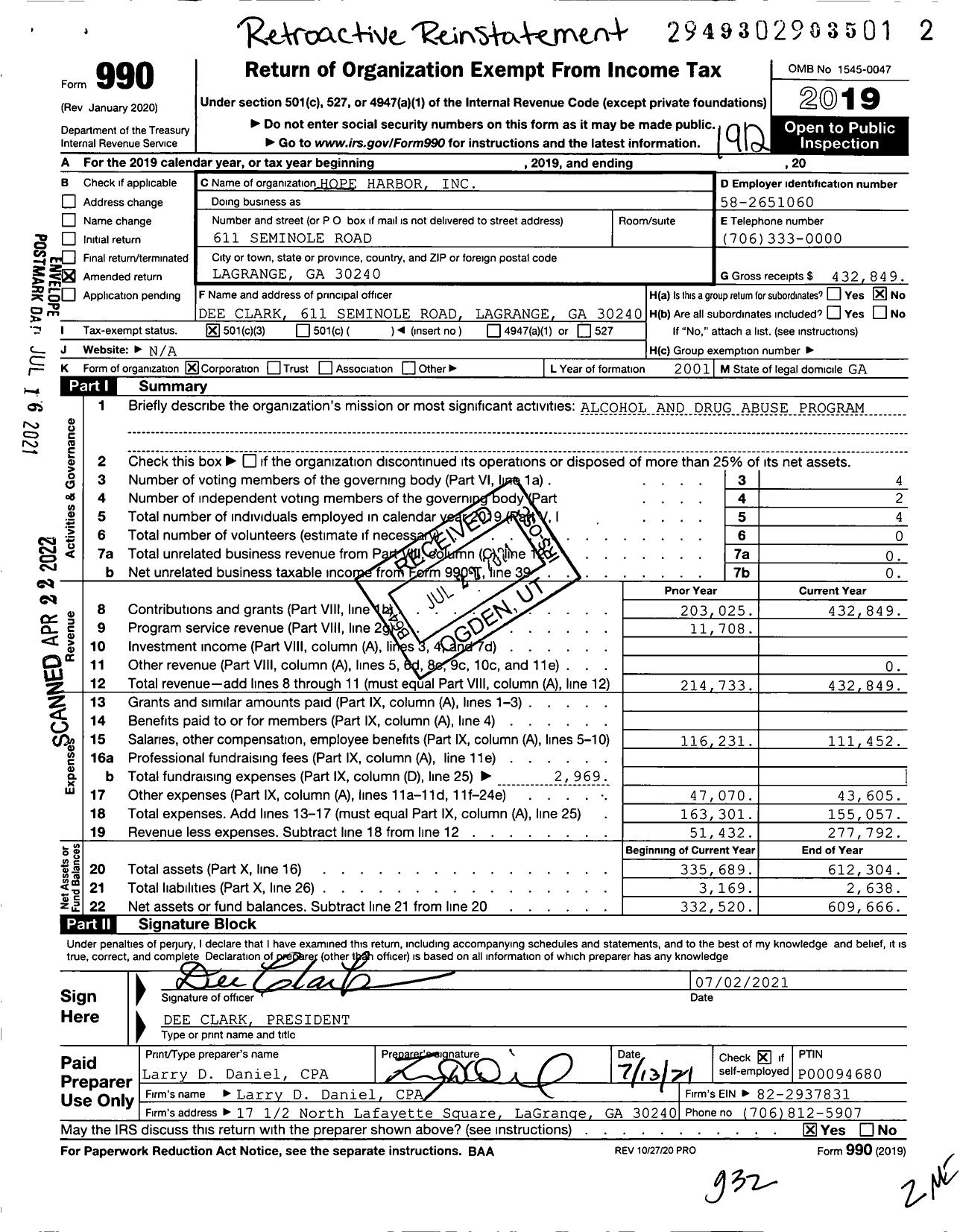 Image of first page of 2019 Form 990 for Hope Harbor