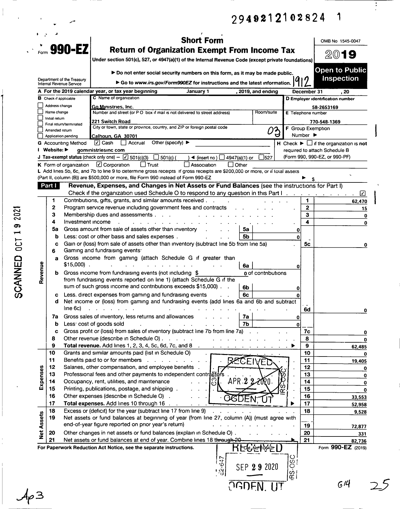 Image of first page of 2019 Form 990EZ for Go Ministries