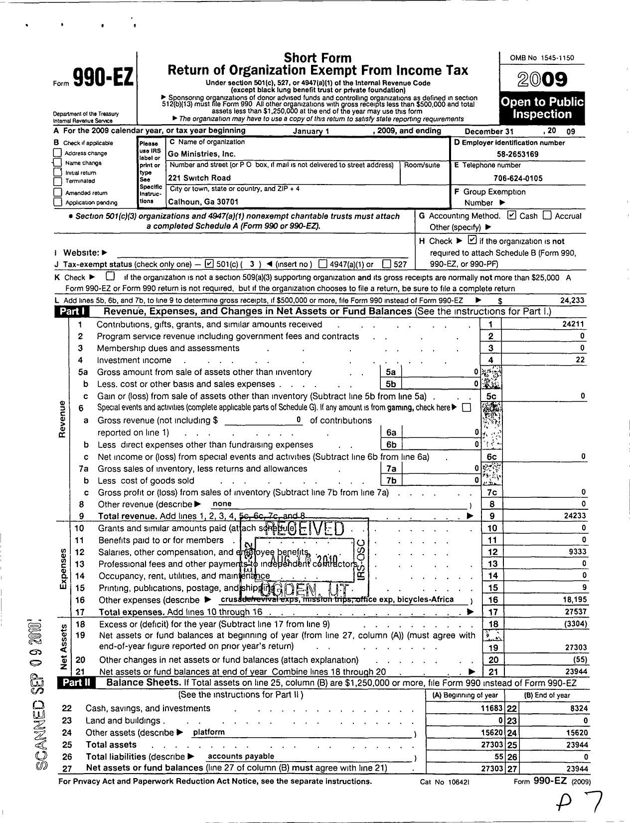 Image of first page of 2009 Form 990EZ for Go Ministries