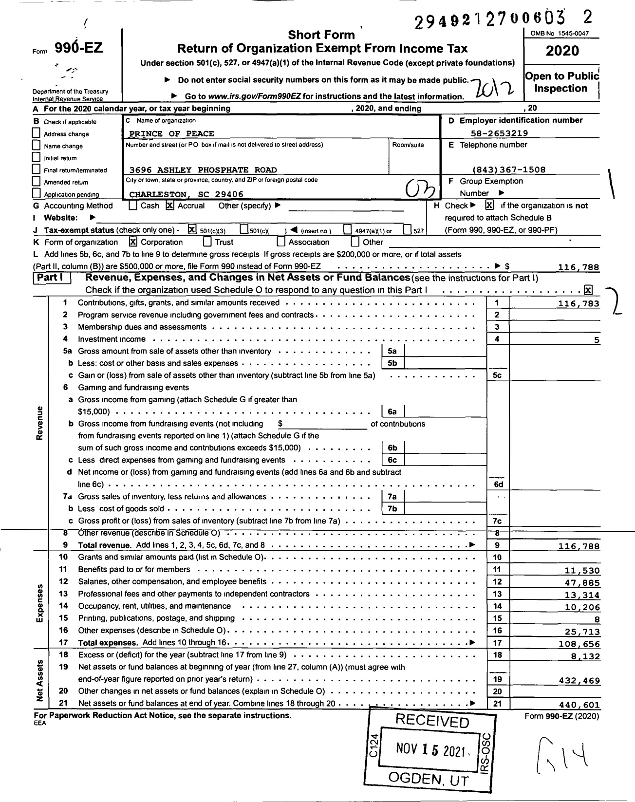 Image of first page of 2020 Form 990EZ for Iglesia Principe de Paz / Prince of Peace