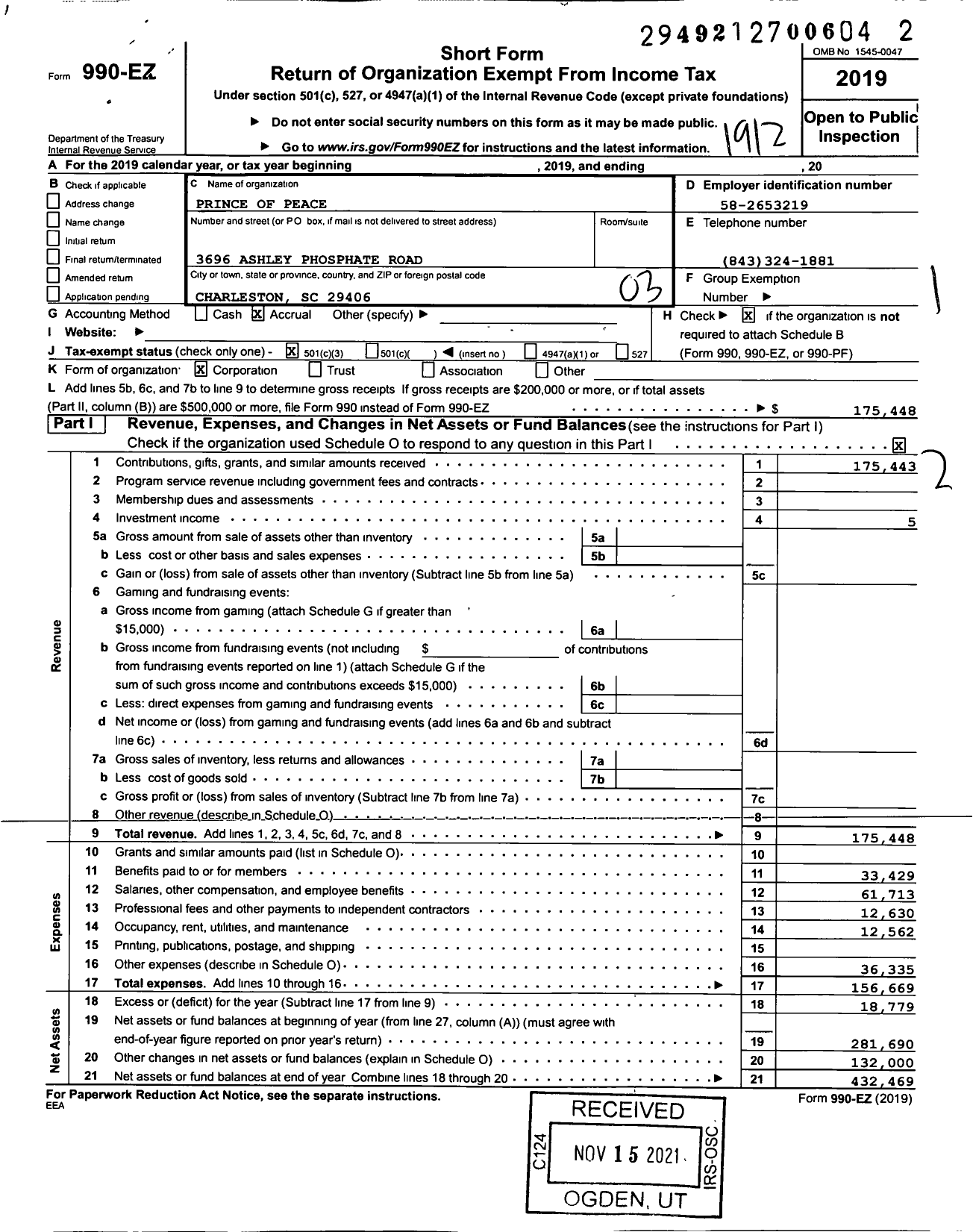 Image of first page of 2019 Form 990EZ for Iglesia Principe de Paz / Prince of Peace