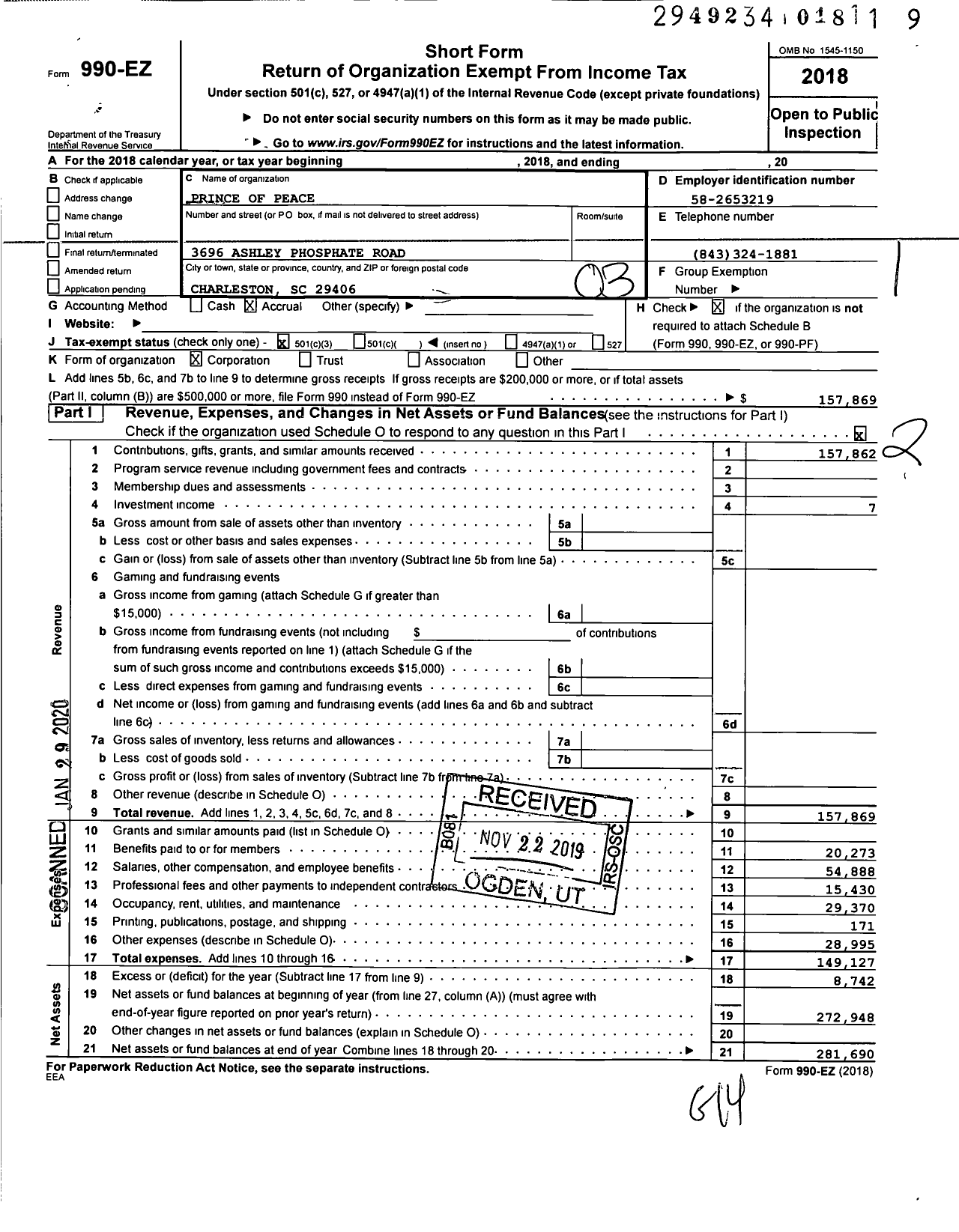 Image of first page of 2018 Form 990EZ for Prince of Peace