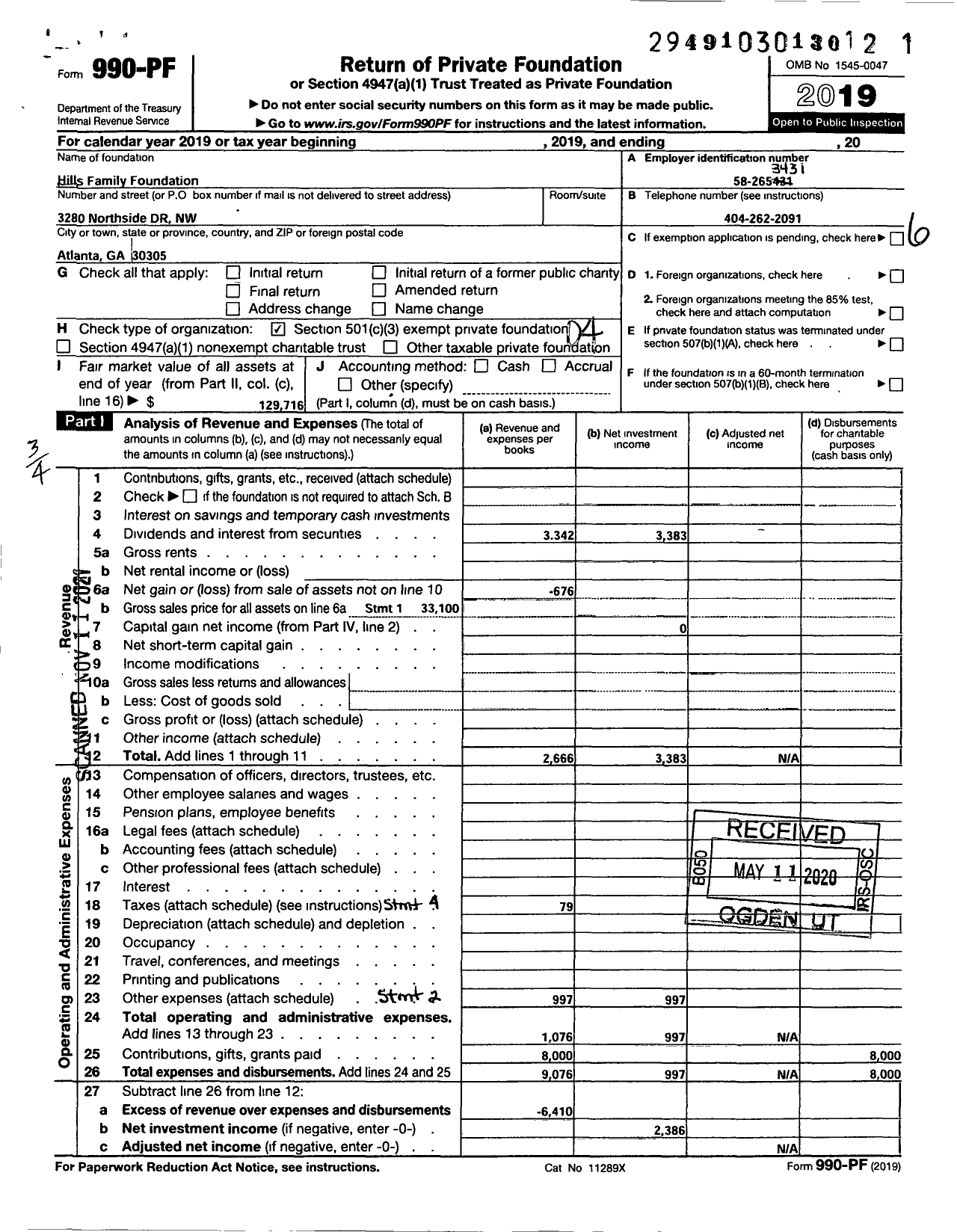 Image of first page of 2019 Form 990PF for Hills Family Foundation