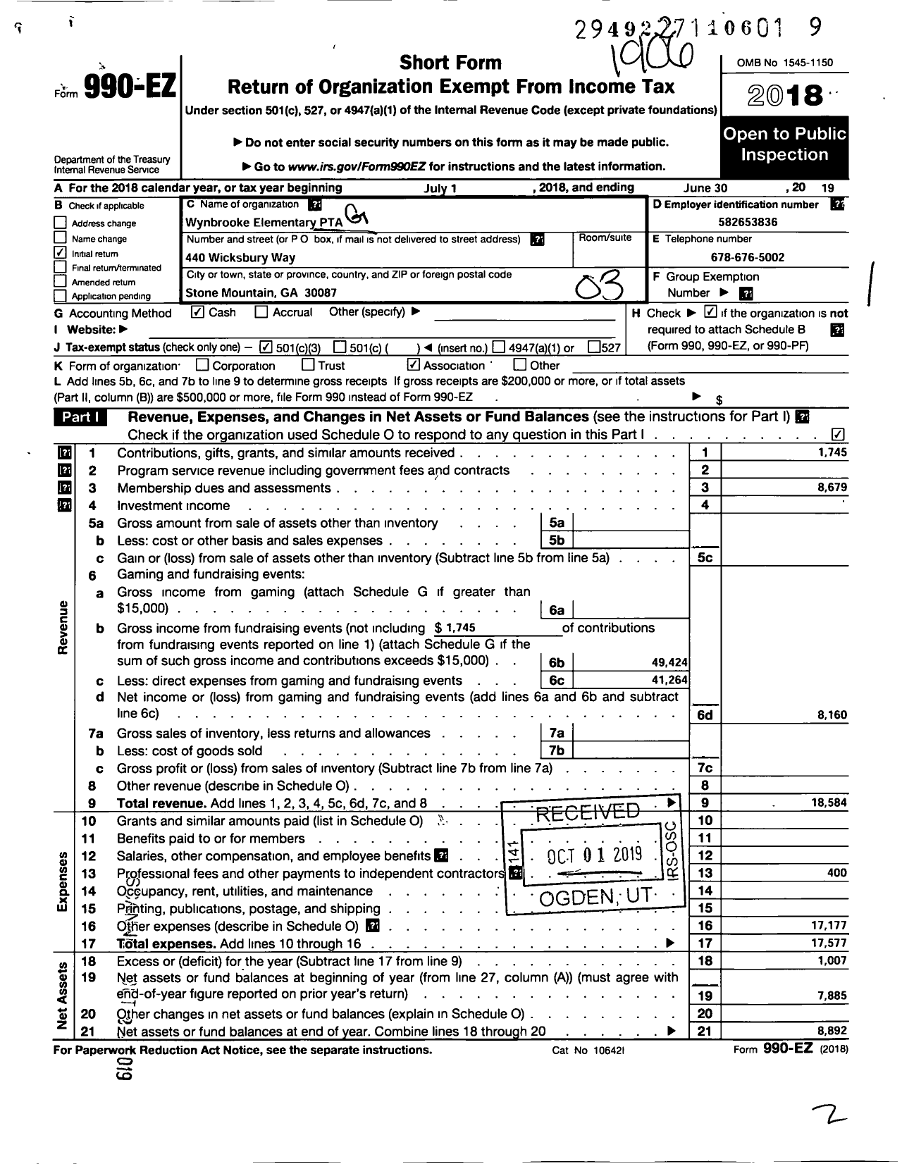 Image of first page of 2018 Form 990EZ for Georgia PTA - Wynbrooke Es PTA
