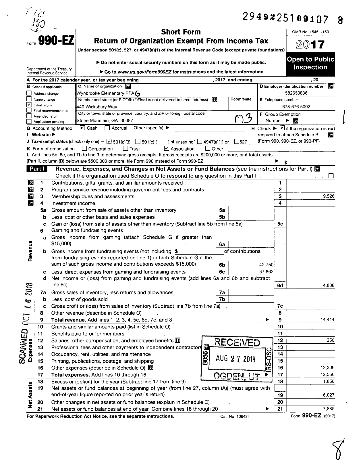 Image of first page of 2017 Form 990EZ for Georgia PTA - Wynbrooke Es PTA