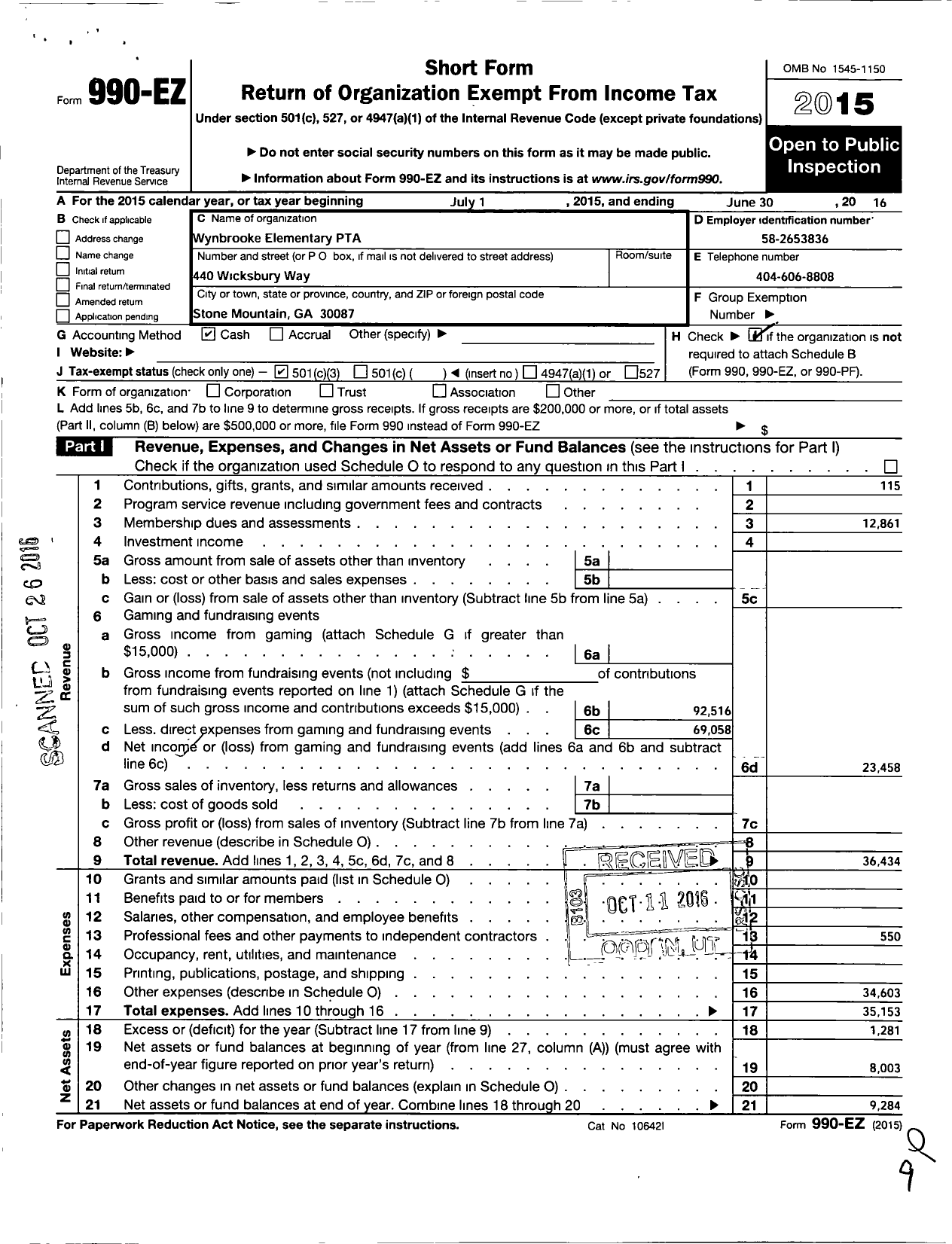 Image of first page of 2015 Form 990EZ for Georgia PTA - Wynbrooke Es PTA