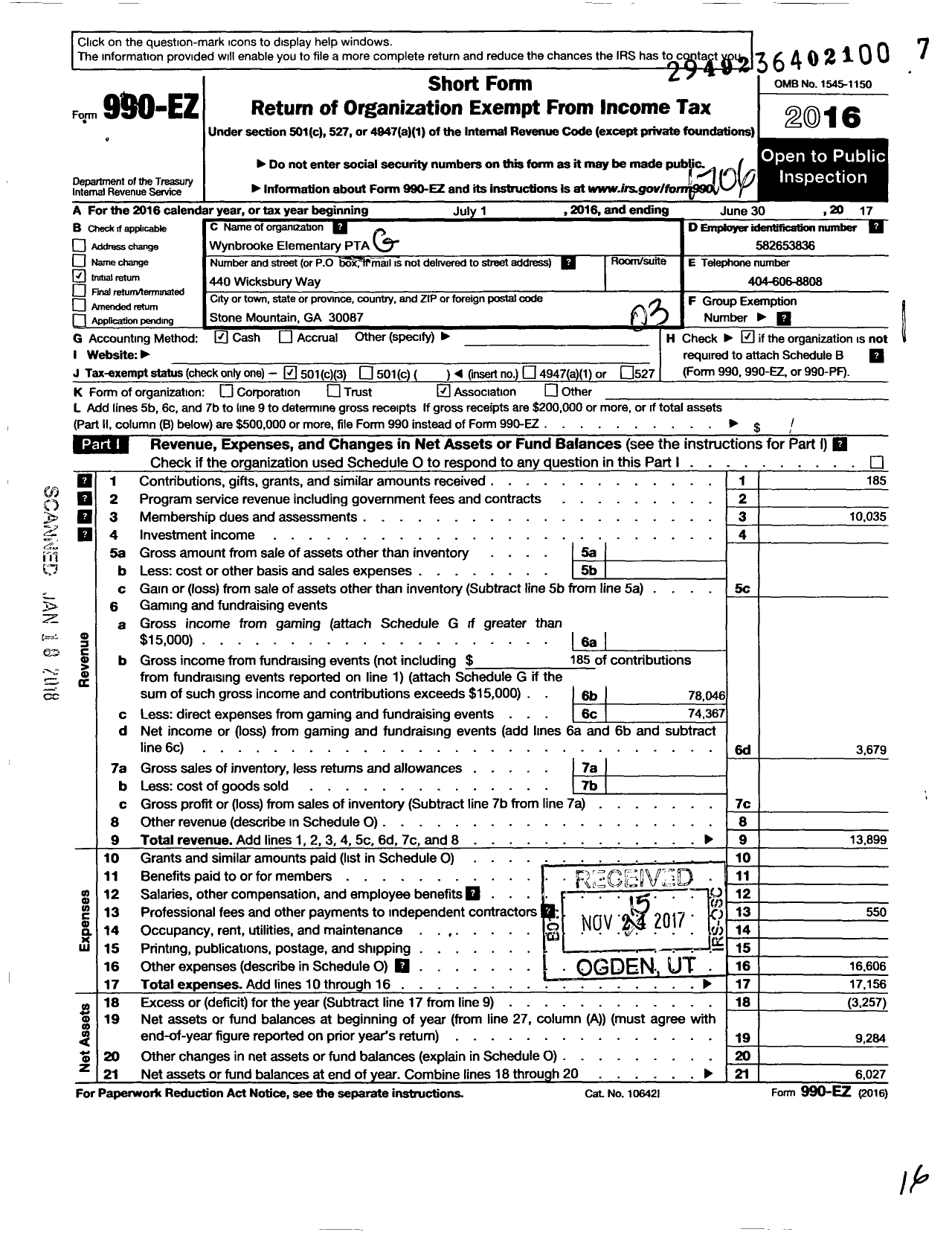 Image of first page of 2016 Form 990EZ for Georgia PTA - Wynbrooke Es PTA