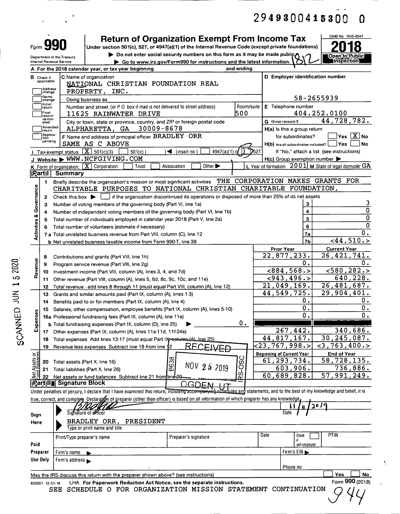 Image of first page of 2018 Form 990 for National Christian Foundation Real Property (NCF)