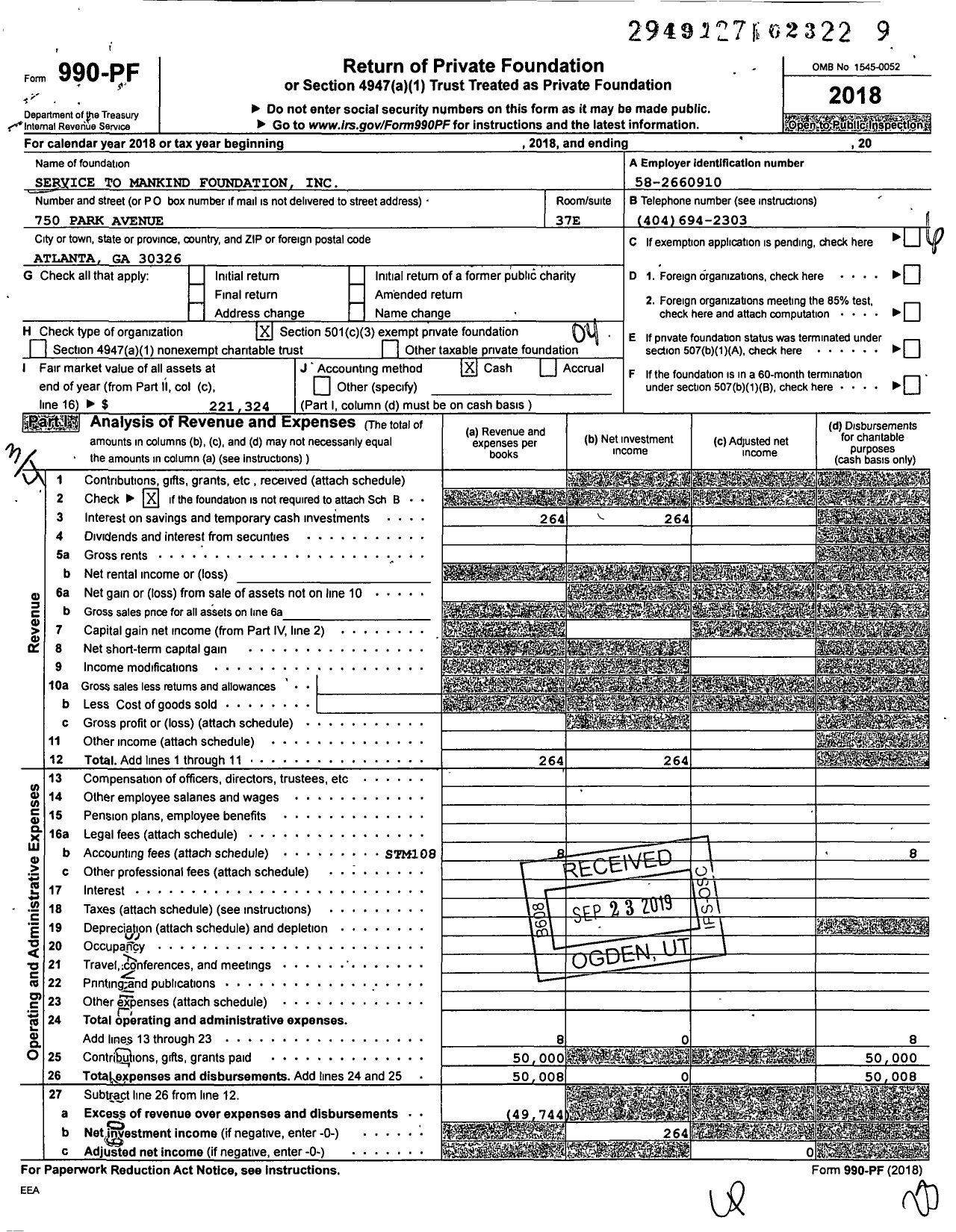 Image of first page of 2018 Form 990PF for Service To Mankind Foundation