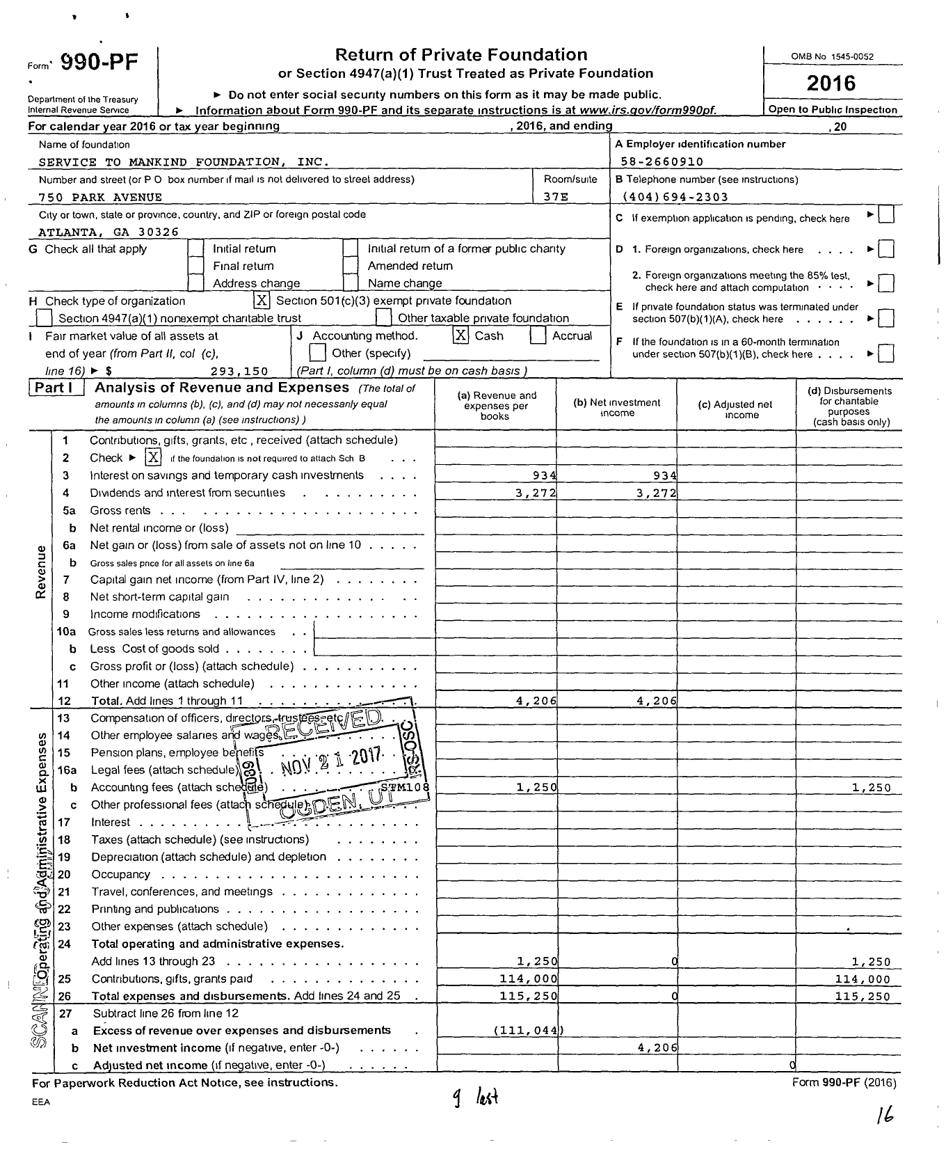 Image of first page of 2016 Form 990PF for Service To Mankind Foundation