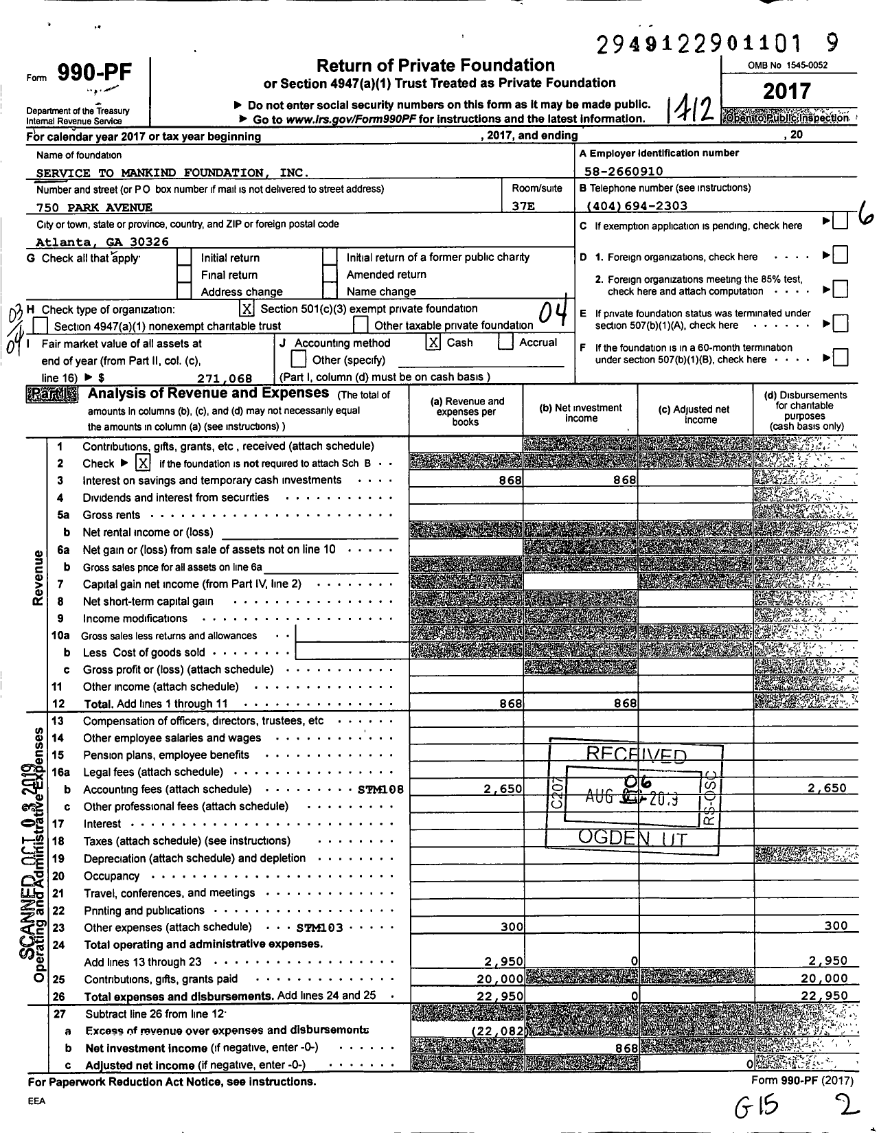 Image of first page of 2017 Form 990PF for Service To Mankind Foundation