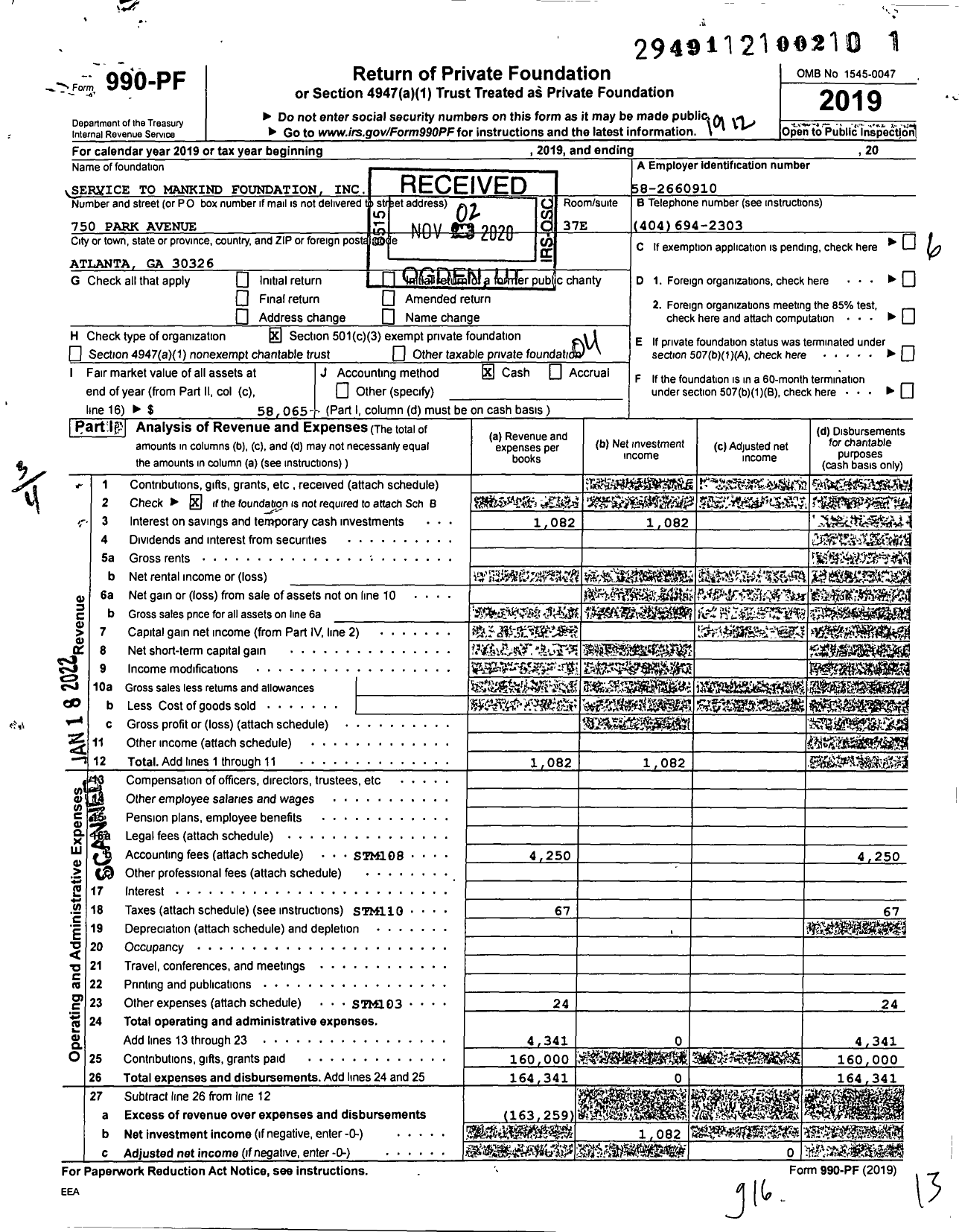 Image of first page of 2019 Form 990PF for Service To Mankind Foundation