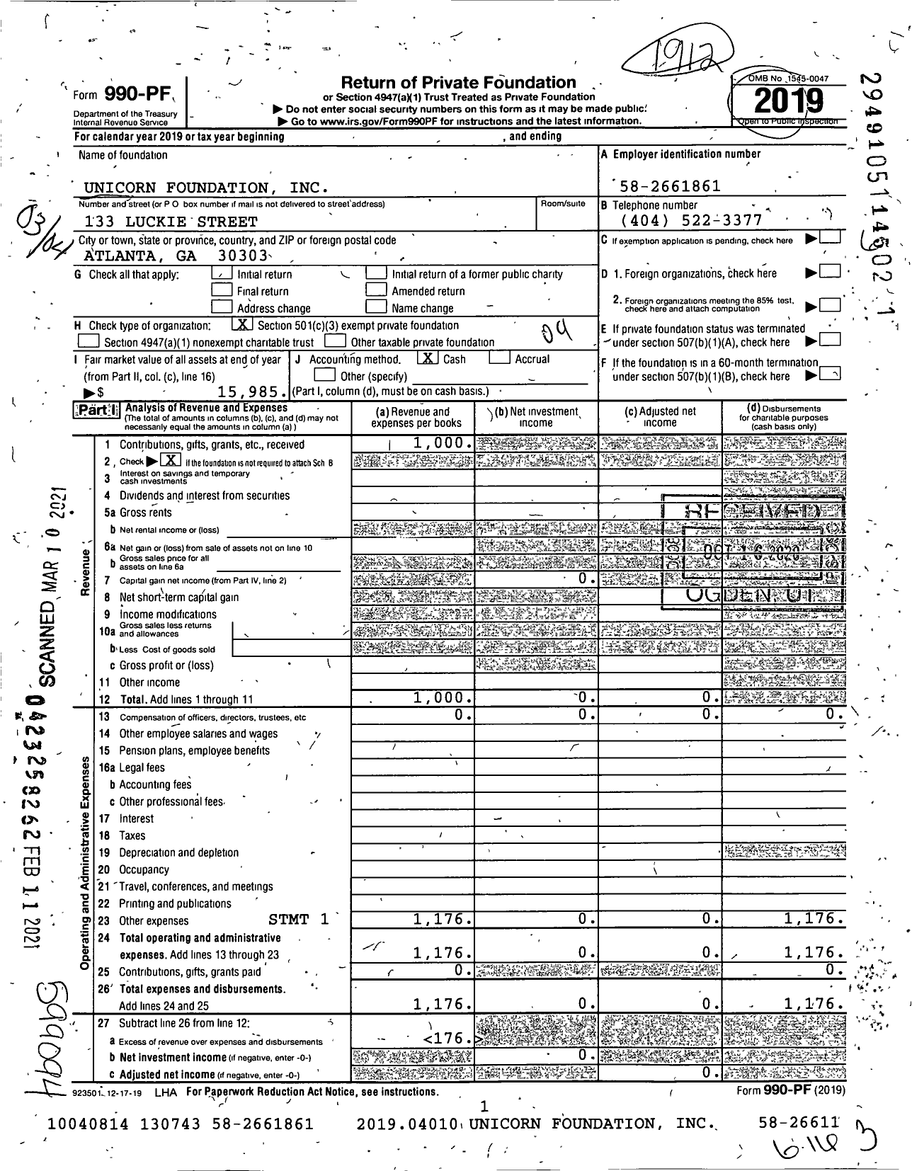 Image of first page of 2019 Form 990PF for Unicorn Foundation