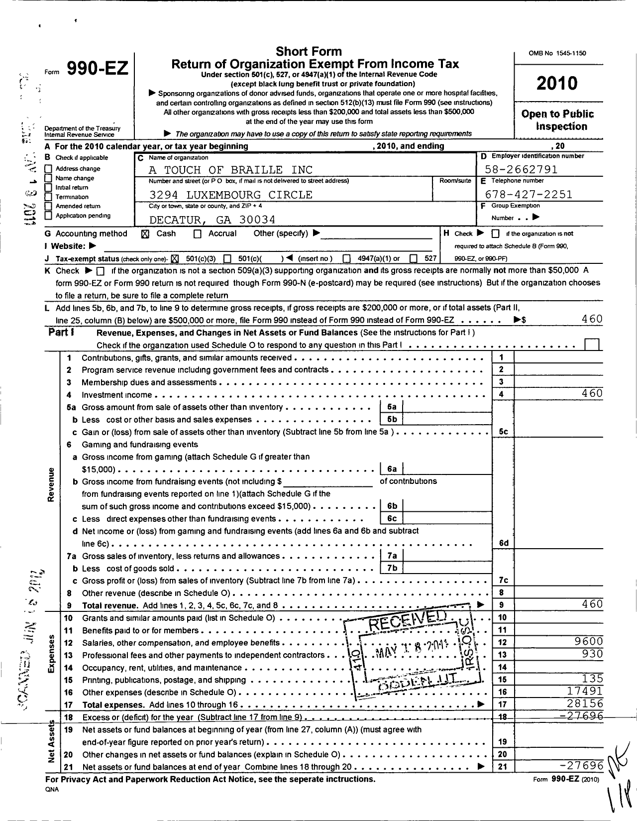 Image of first page of 2010 Form 990EZ for Touch of Braille