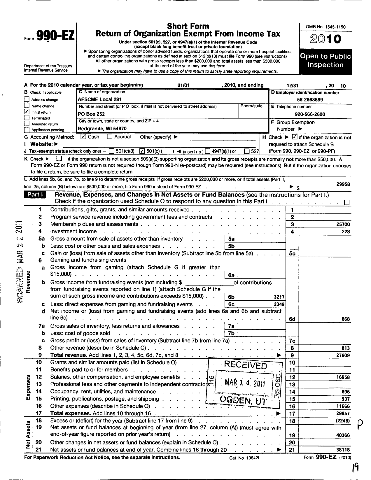 Image of first page of 2010 Form 990EO for American Federation of State County & Municipal Employees - L0284wi Red Granite Corr Inst Emps