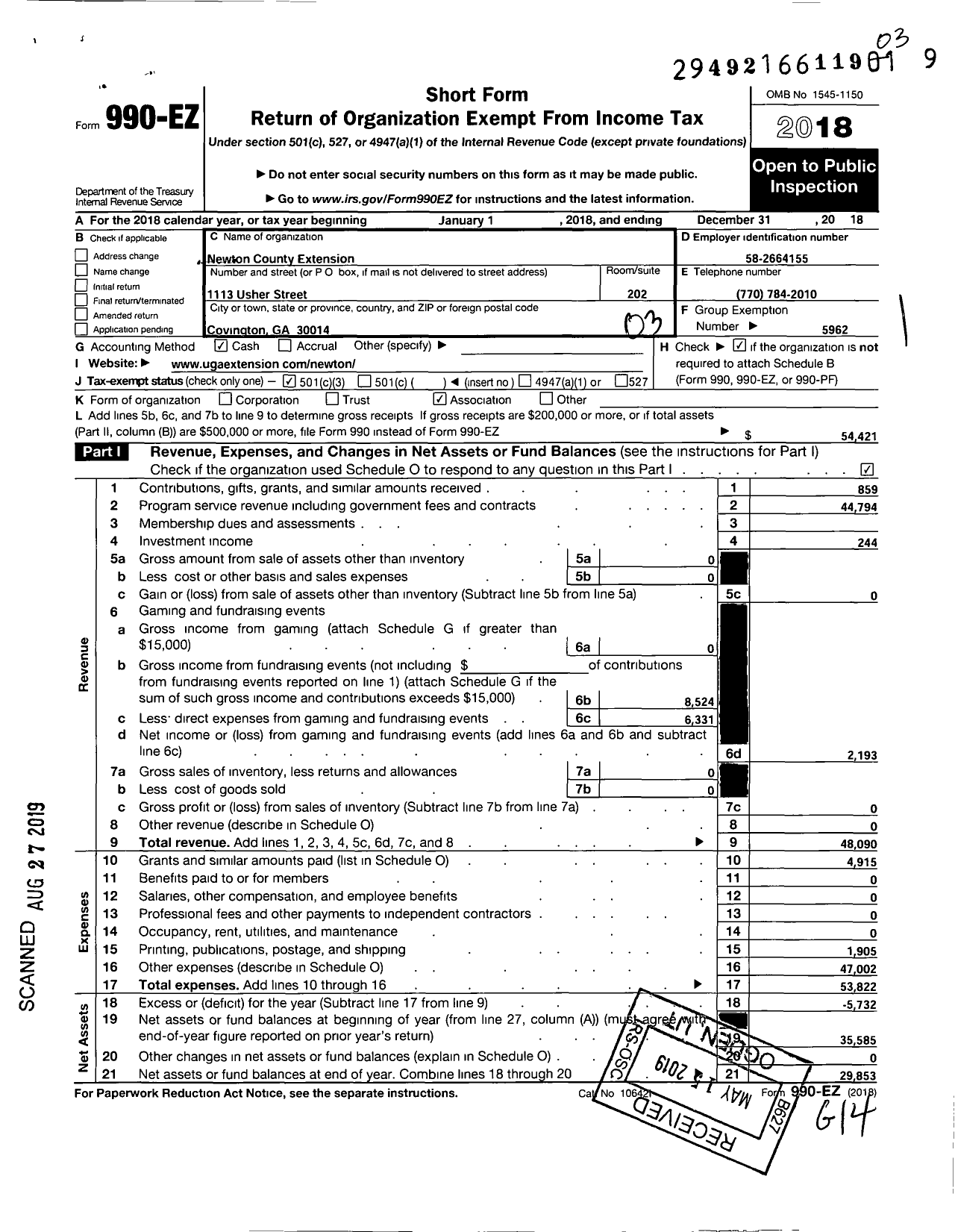 Image of first page of 2018 Form 990EZ for Newton County Extension 4-H