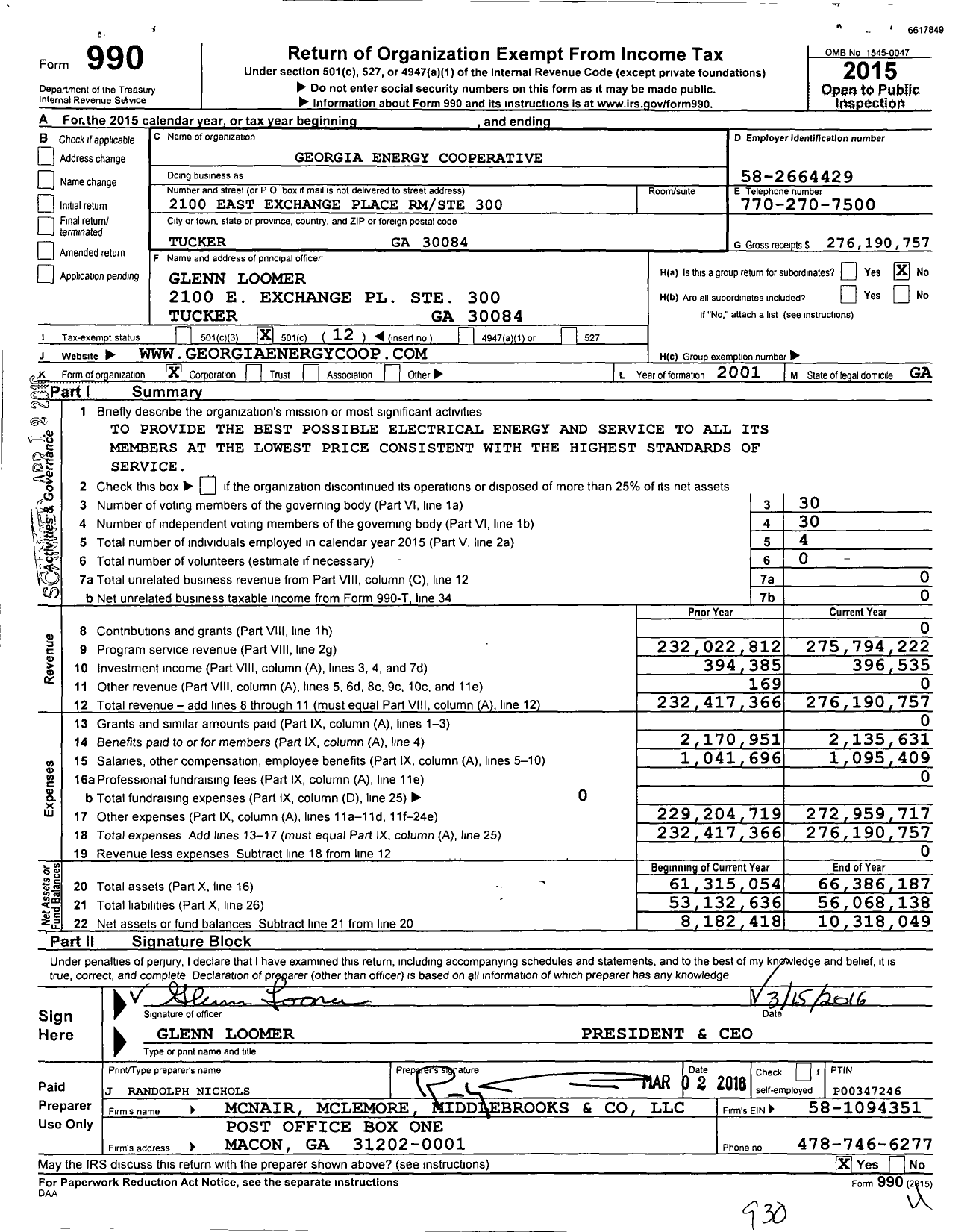 Image of first page of 2015 Form 990O for Georgia Energy Cooperative