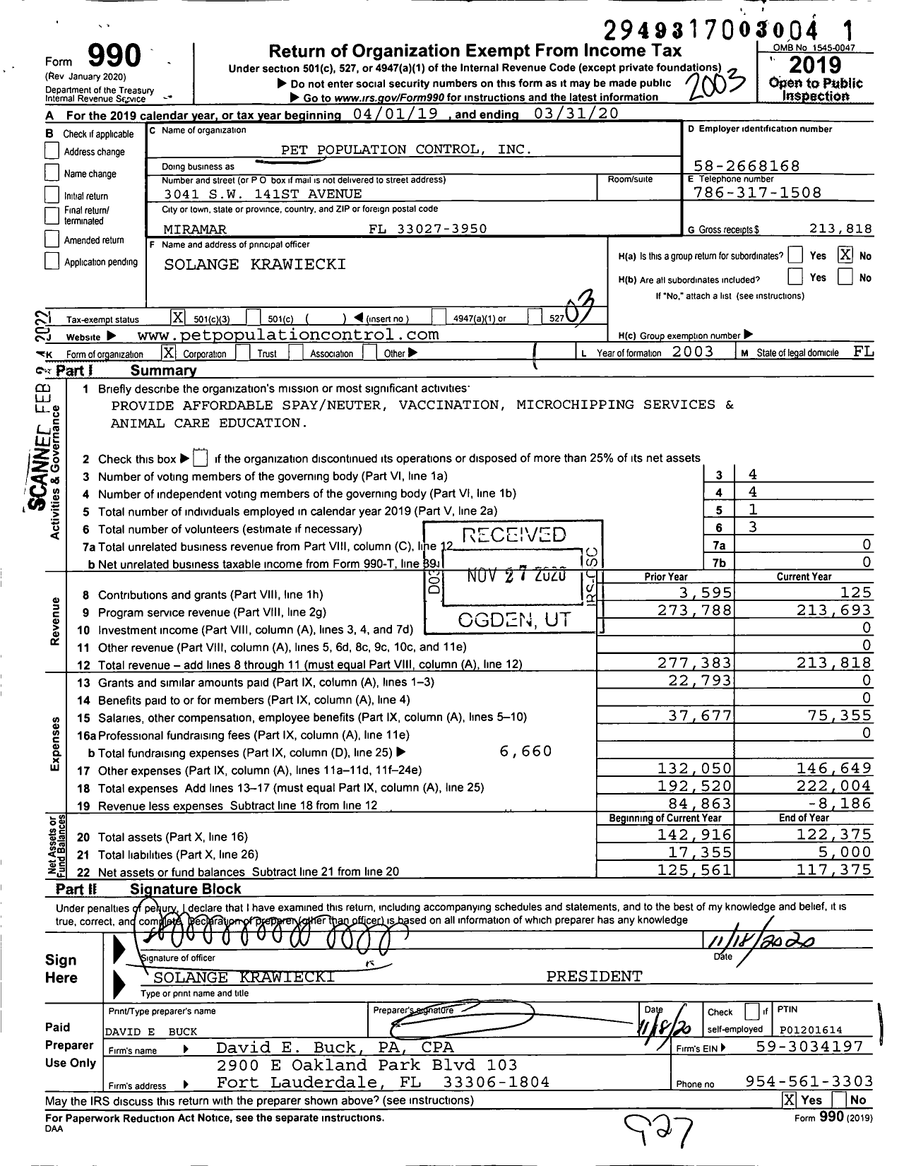 Image of first page of 2019 Form 990 for Pet Population Control