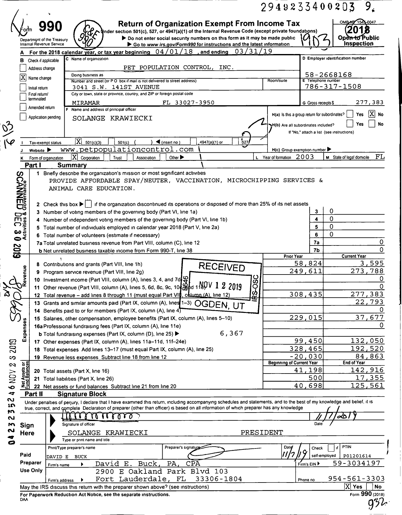 Image of first page of 2018 Form 990 for Pet Population Control