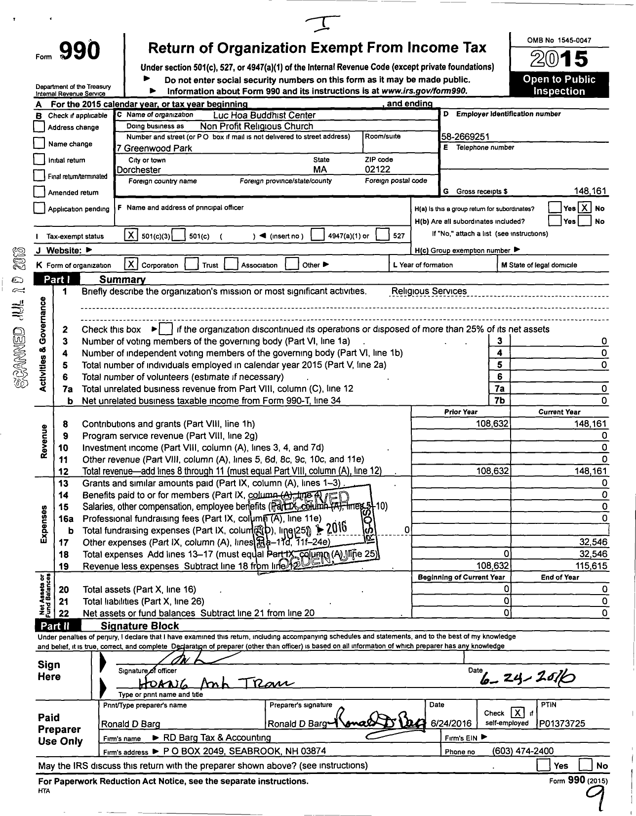 Image of first page of 2015 Form 990 for Luc Hoa Buddhist Center