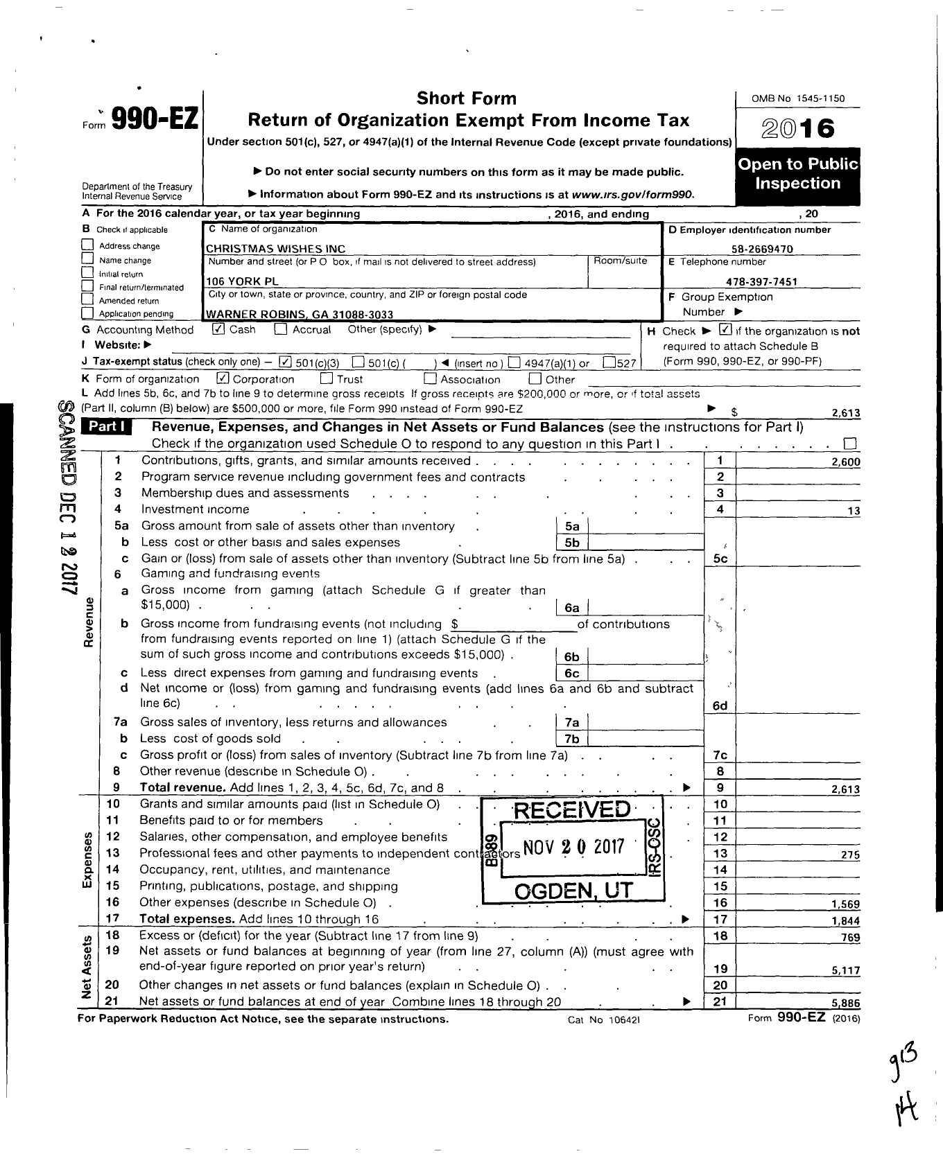 Image of first page of 2016 Form 990EZ for Christmas Wishes