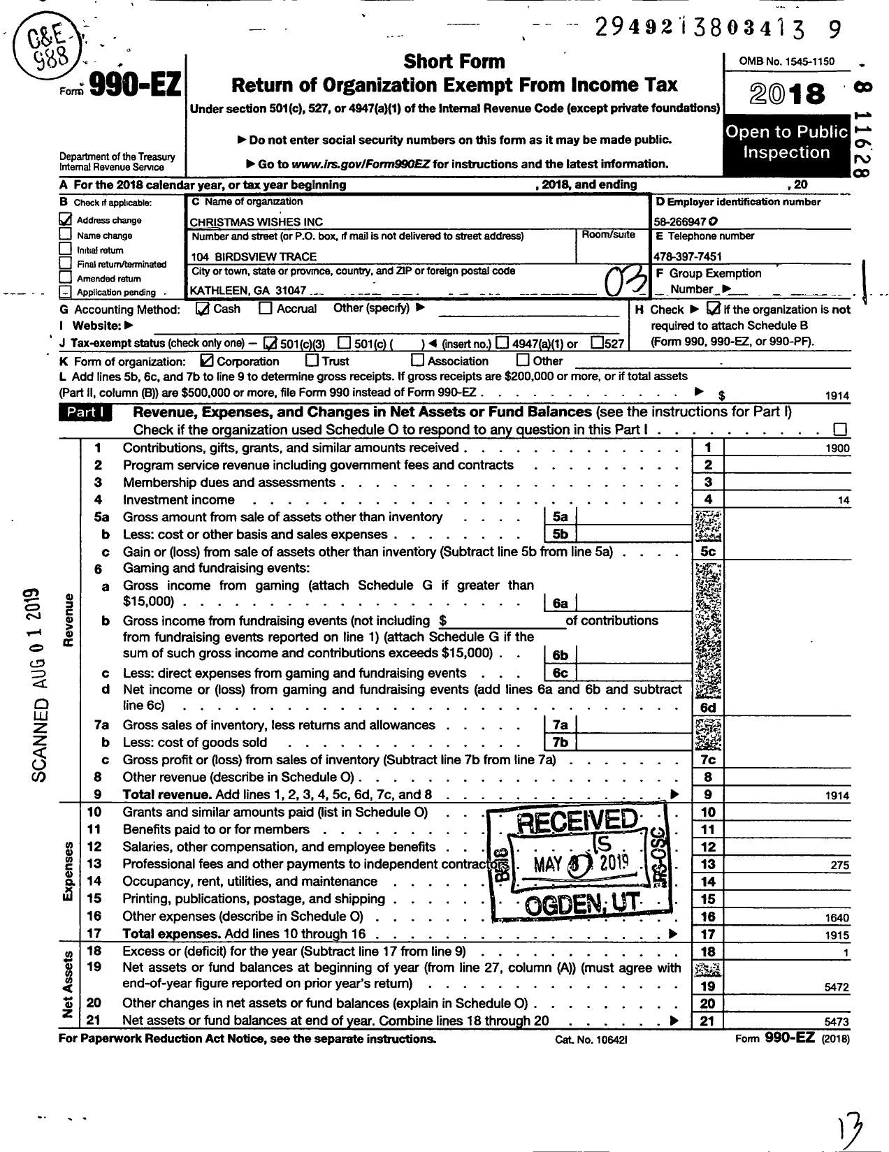 Image of first page of 2018 Form 990EZ for Christmas Wishes