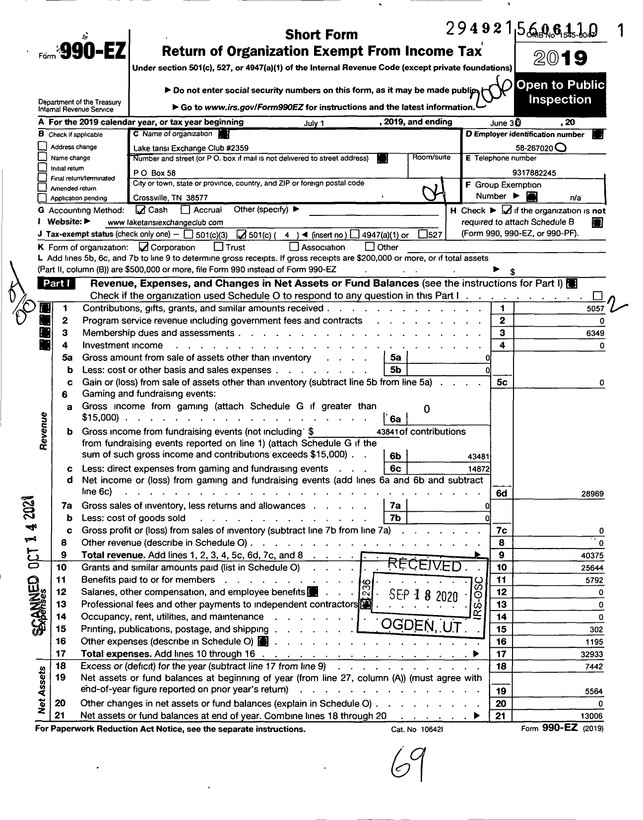 Image of first page of 2019 Form 990EO for National Exchange Club - 2359 Lake Tansi TN