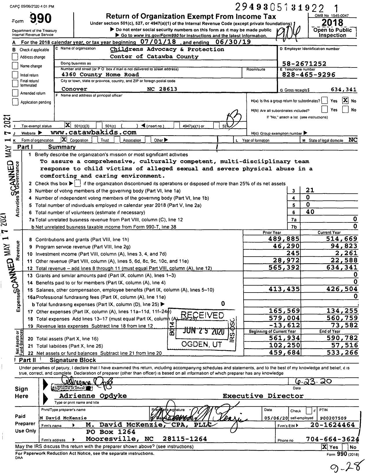 Image of first page of 2018 Form 990 for Childrens Advocacy and Protection Center of Catawba County