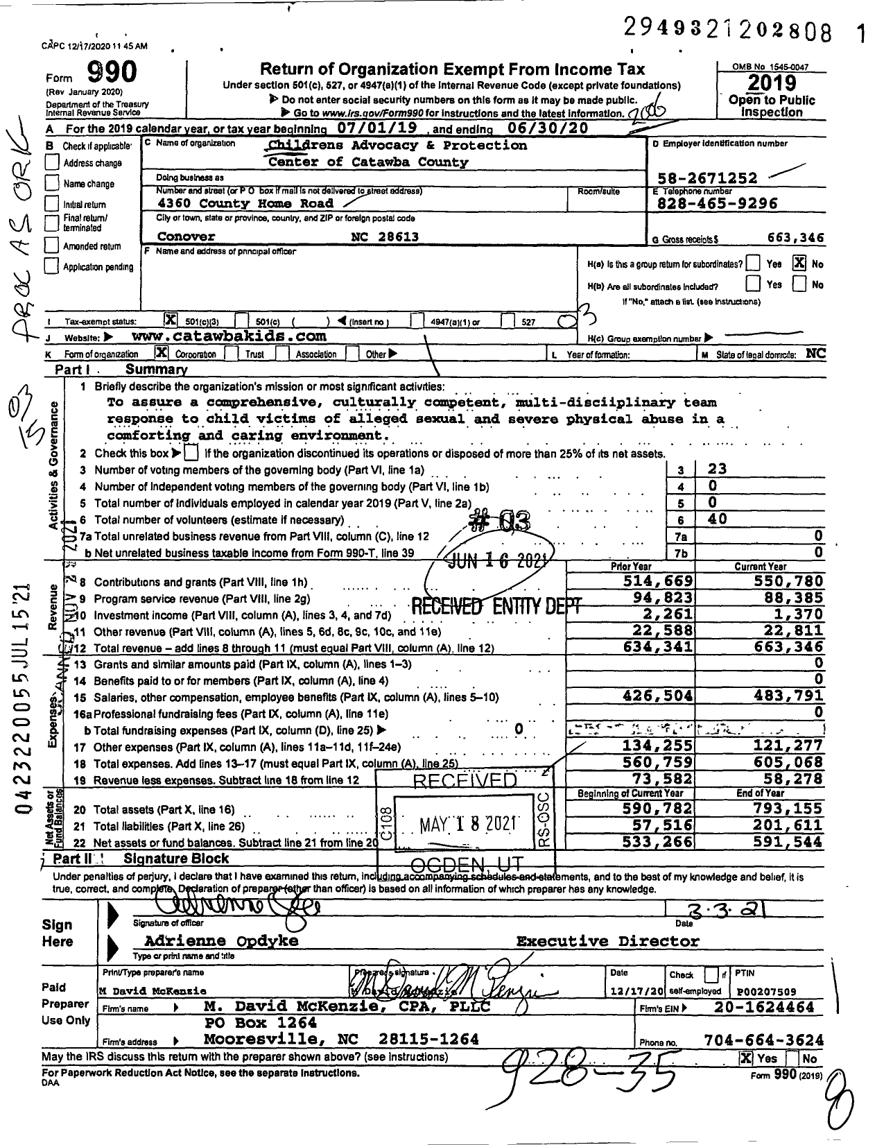 Image of first page of 2019 Form 990 for Childrens Advocacy and Protection Center of Catawba County