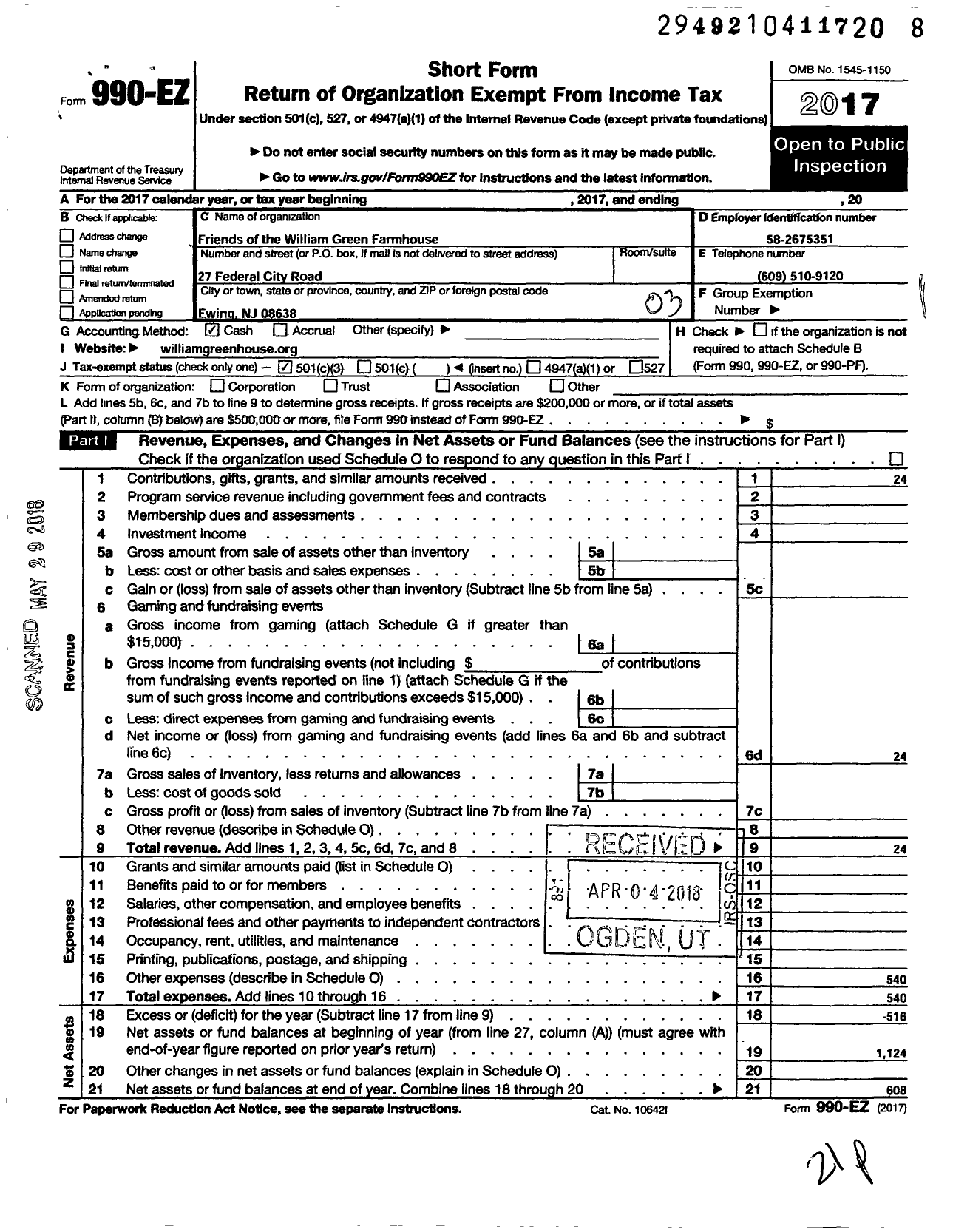 Image of first page of 2017 Form 990EZ for Friends of the William Green Farmhouse