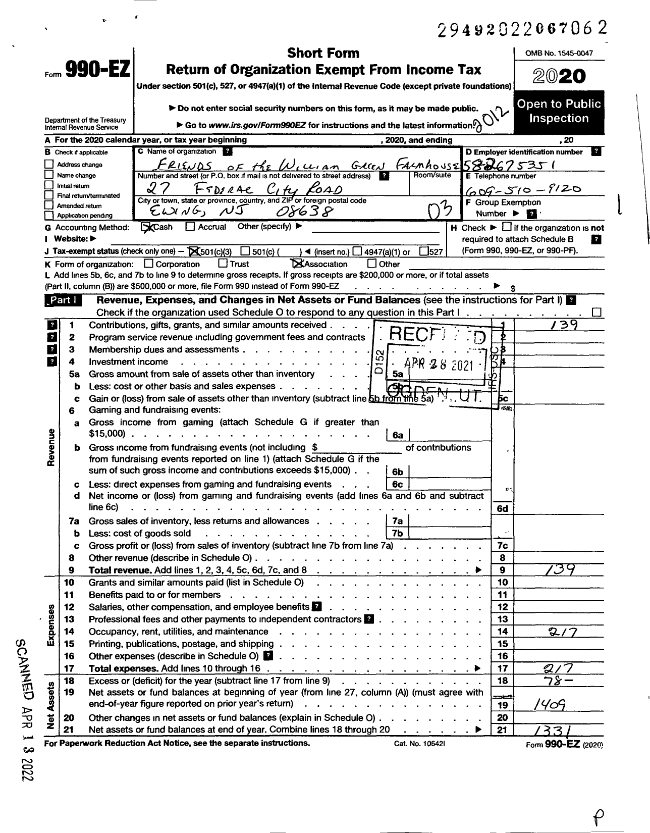 Image of first page of 2020 Form 990EZ for Friends of the William Green Farmhouse