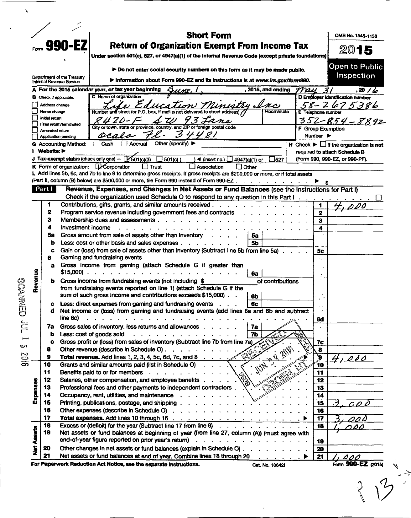 Image of first page of 2015 Form 990EZ for Life Education Ministry