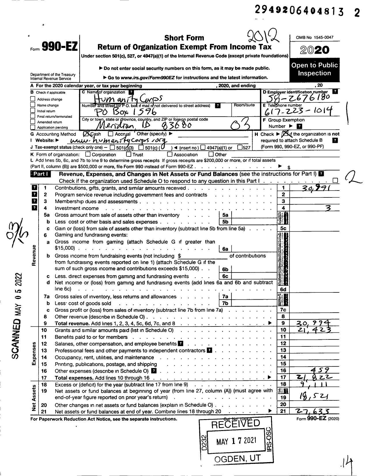 Image of first page of 2020 Form 990EZ for Humanity Corps