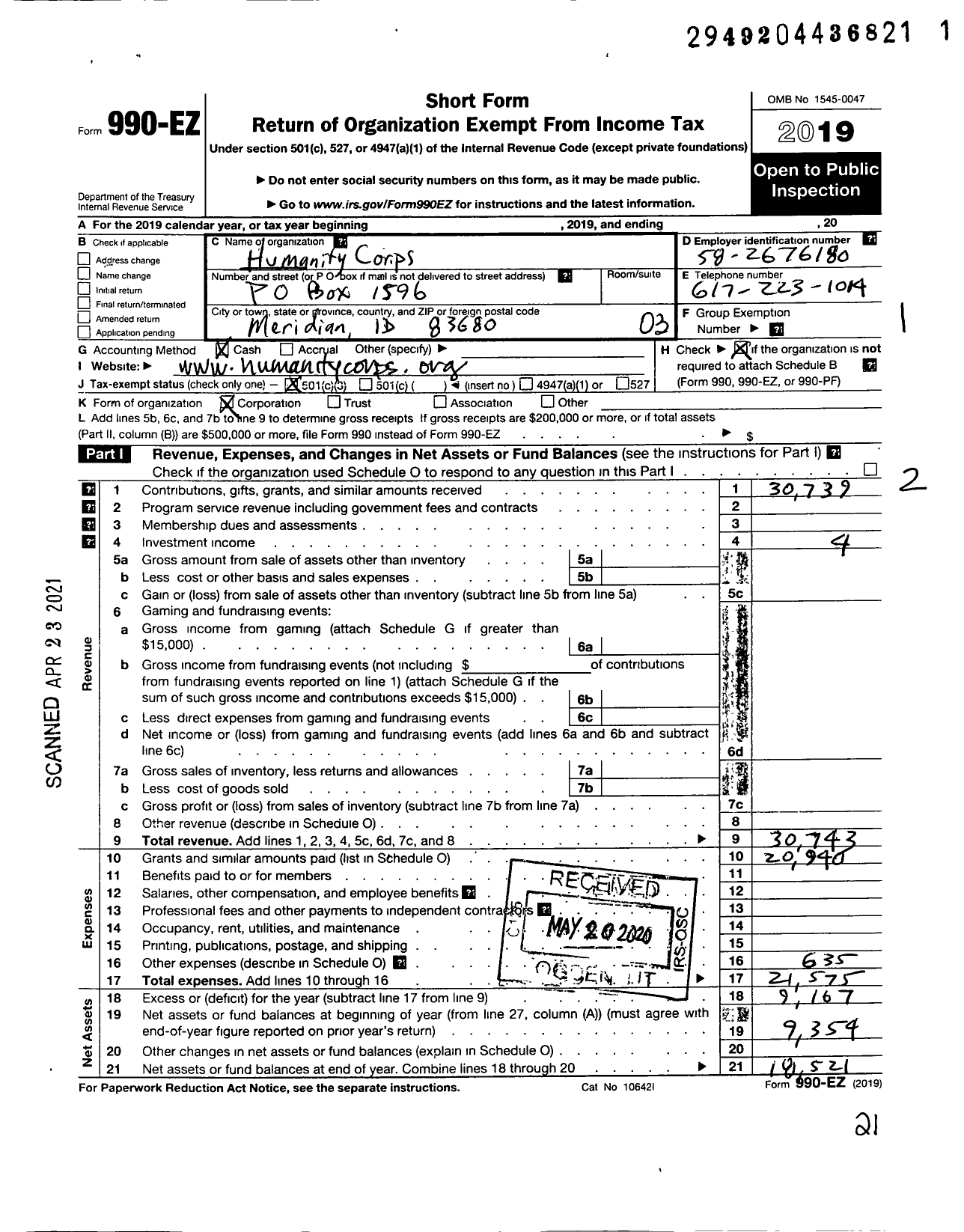 Image of first page of 2019 Form 990EZ for Humanity Corps