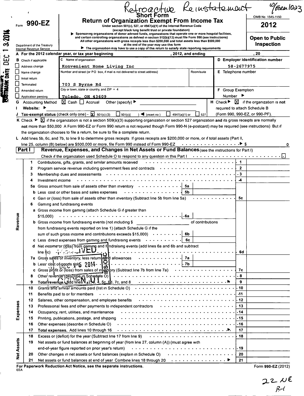 Image of first page of 2012 Form 990EZ for Konvenient Home Living