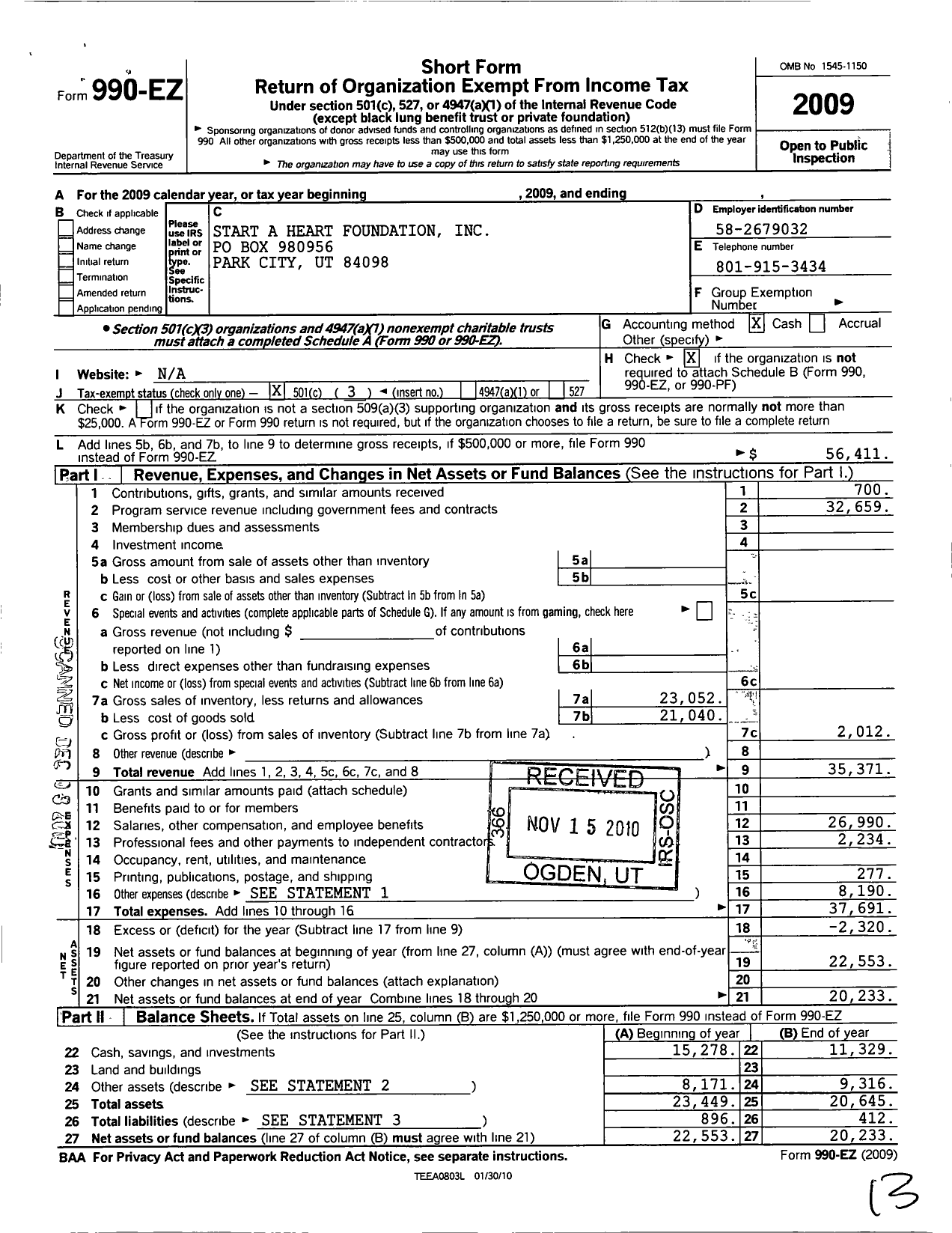 Image of first page of 2009 Form 990EZ for Start A Heart Foundation