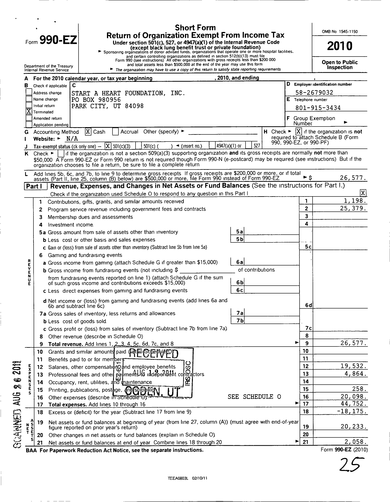 Image of first page of 2010 Form 990EZ for Start A Heart Foundation
