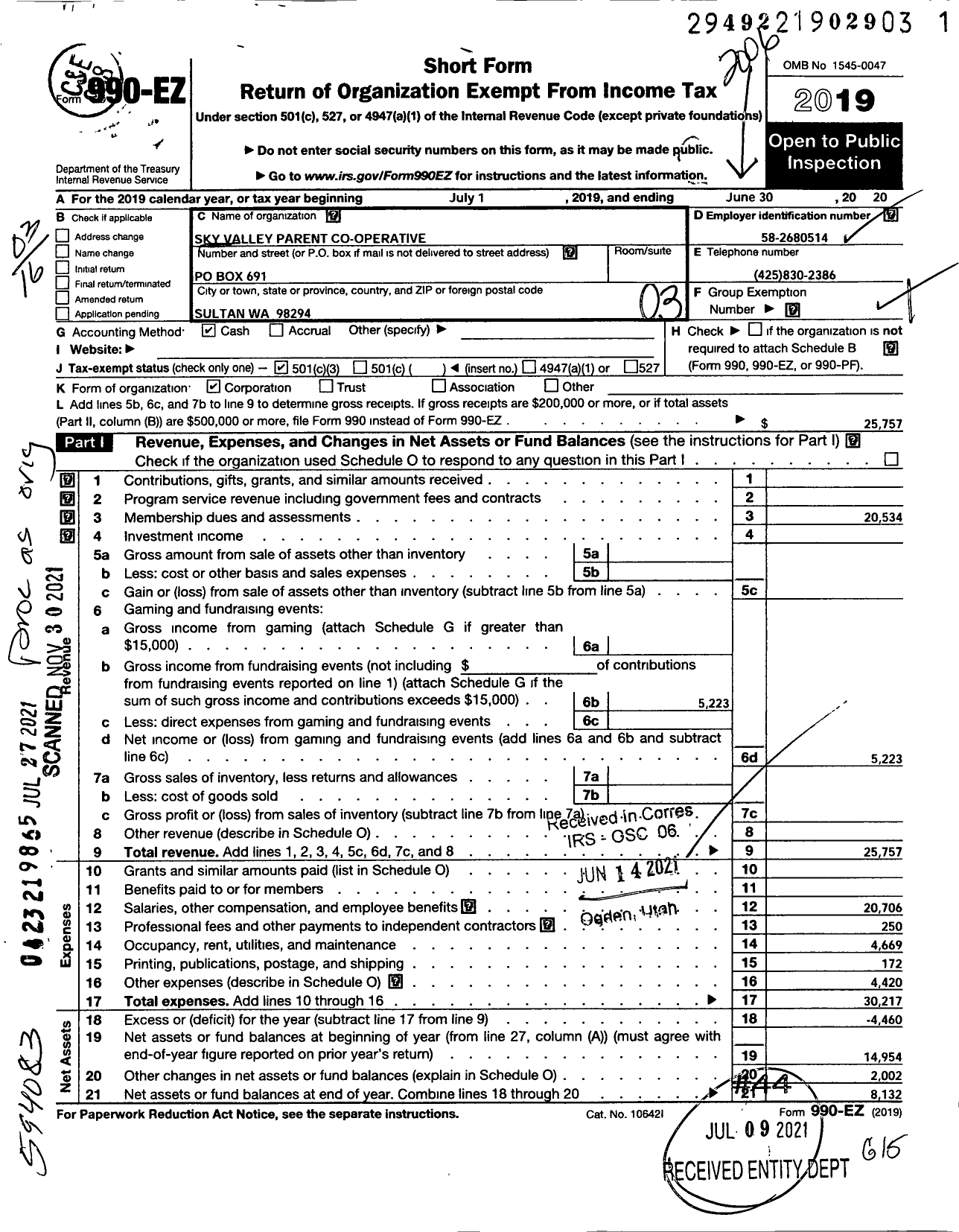 Image of first page of 2019 Form 990EZ for Sky Valley Parent Co-Operative