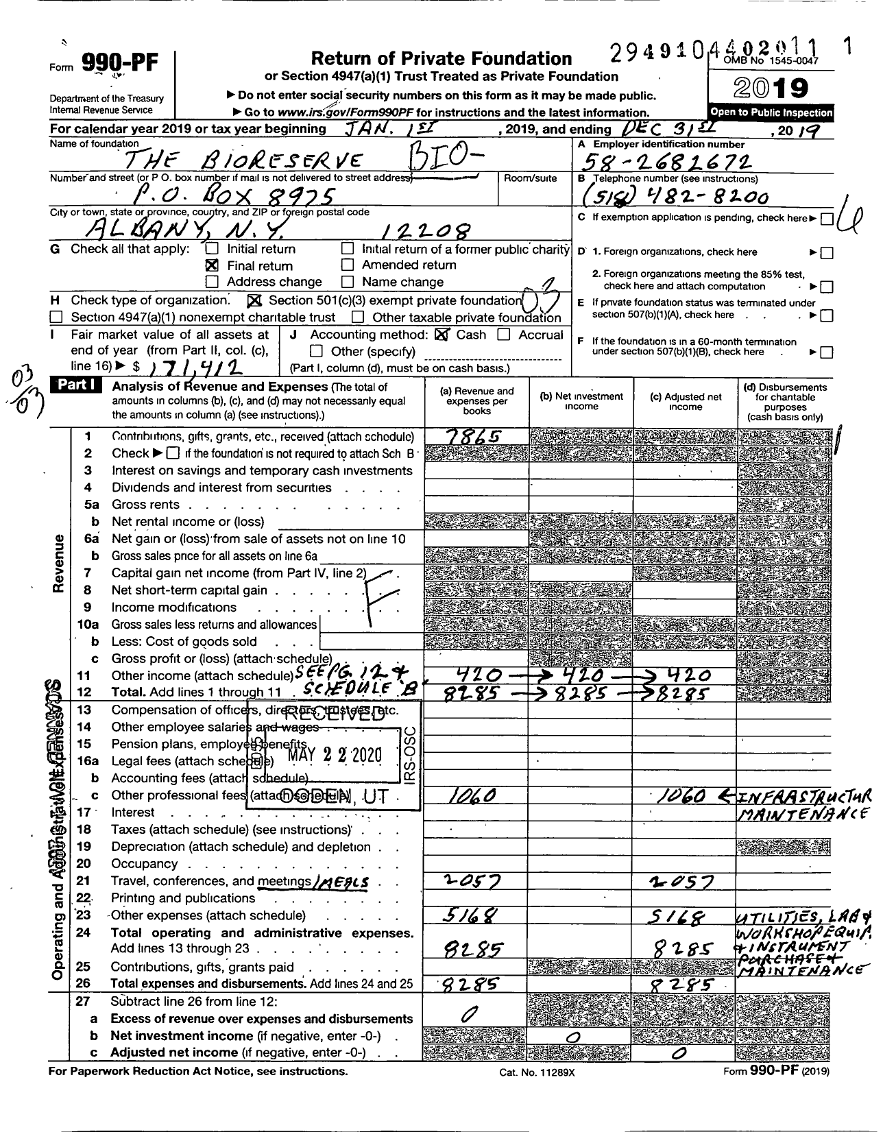 Image of first page of 2019 Form 990PF for The Bioreserve