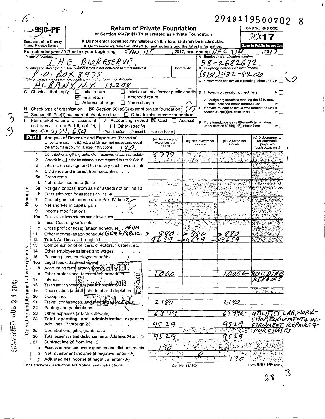 Image of first page of 2017 Form 990PF for The Bioreserve