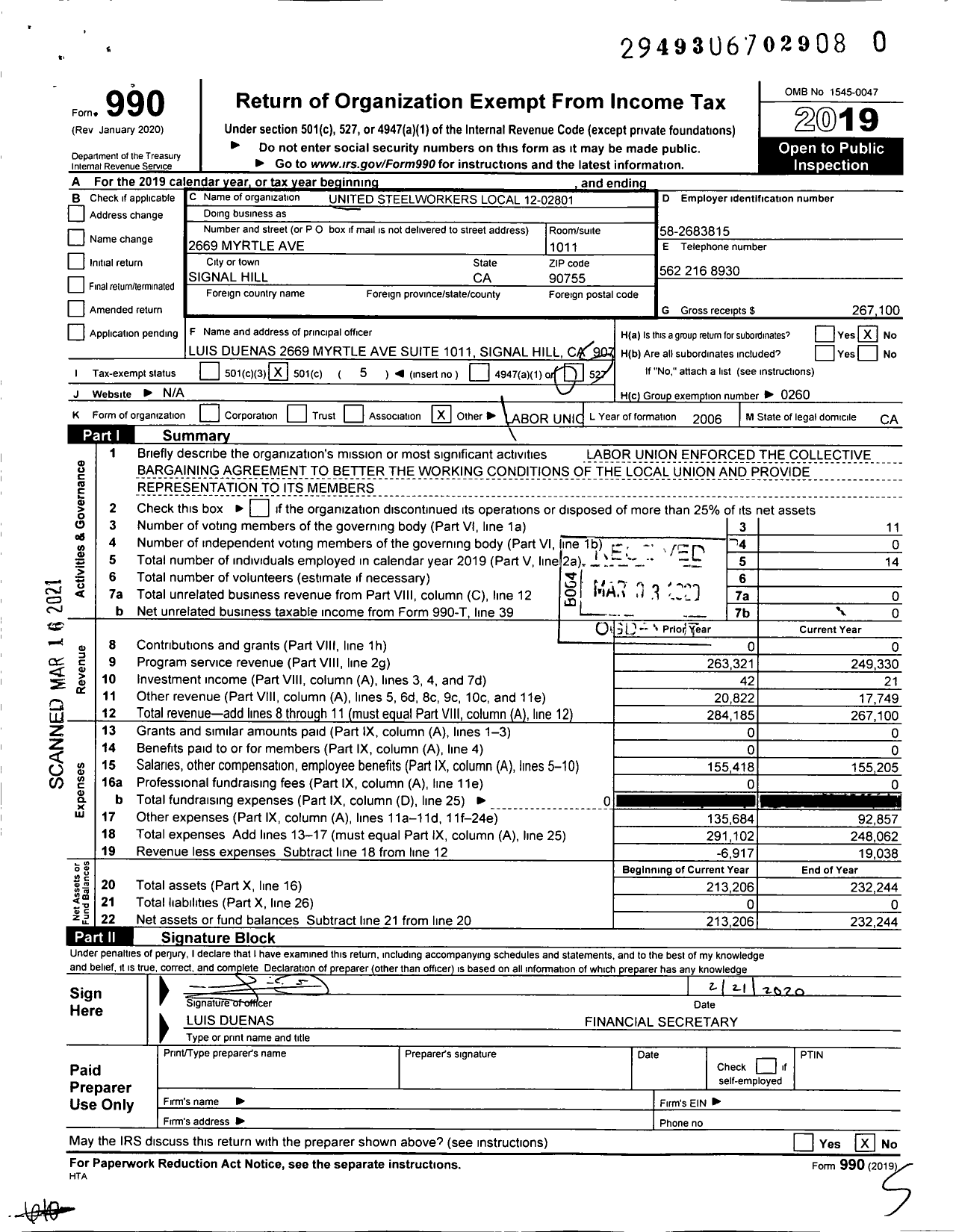 Image of first page of 2019 Form 990O for United Steelworkers - USW Local 2801