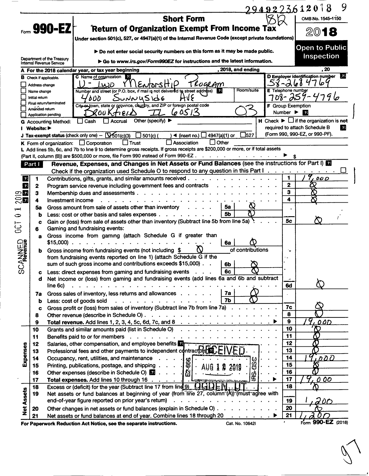 Image of first page of 2018 Form 990EZ for U-Two Mentorship Program