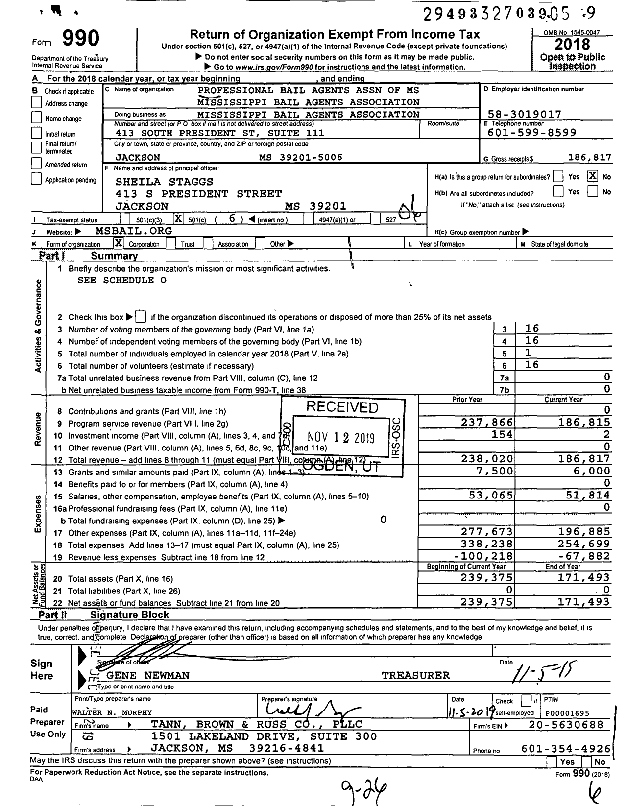 Image of first page of 2018 Form 990O for Professional Bail Agents Association of MS Mississippi Bail Agents Association