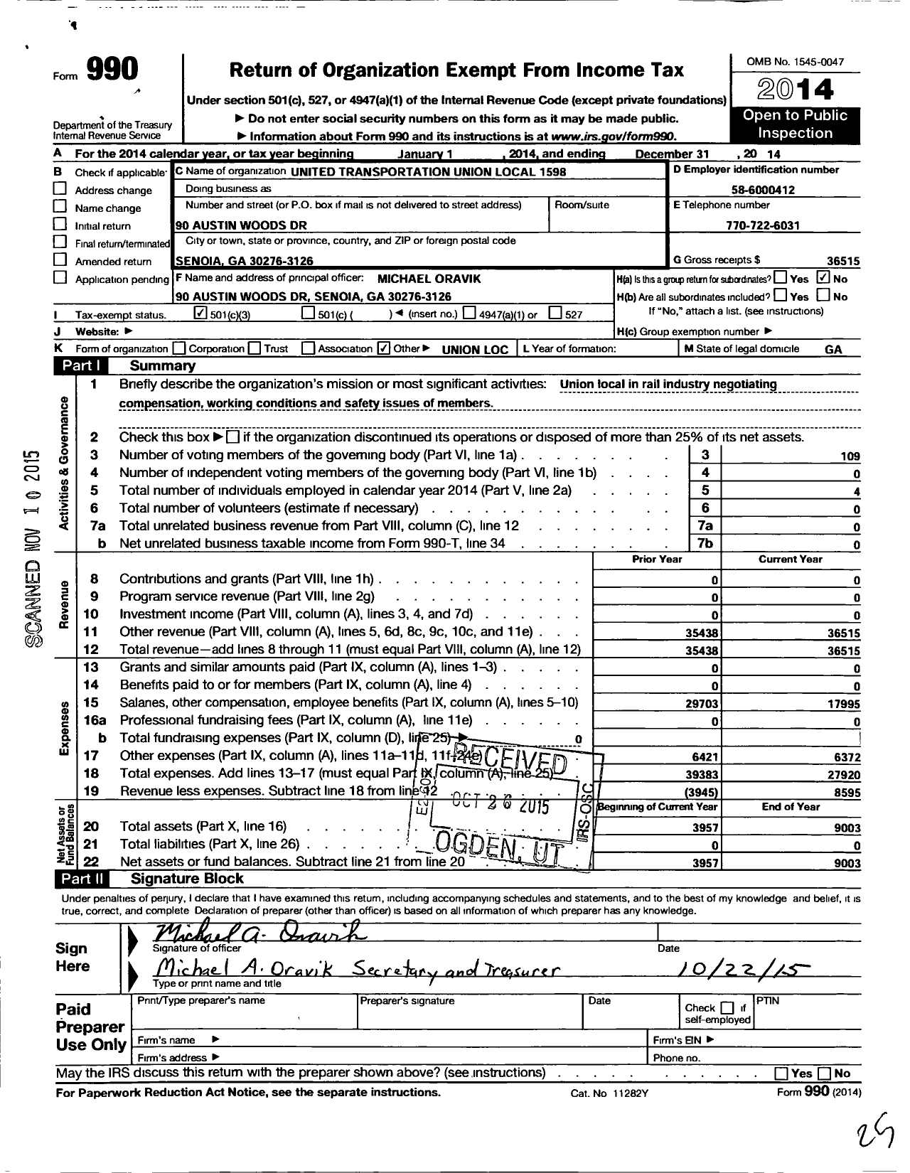 Image of first page of 2014 Form 990 for Smart Union - 1598 TD