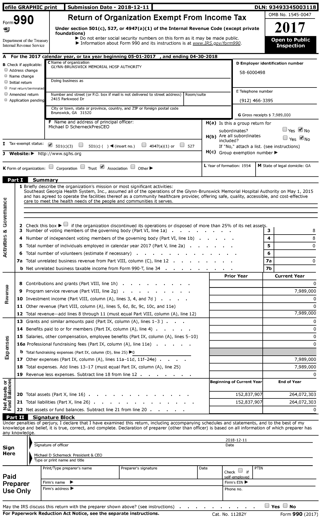 Image of first page of 2017 Form 990 for Glynn-Brunswick Memorial Hospital Authority (SGHS)