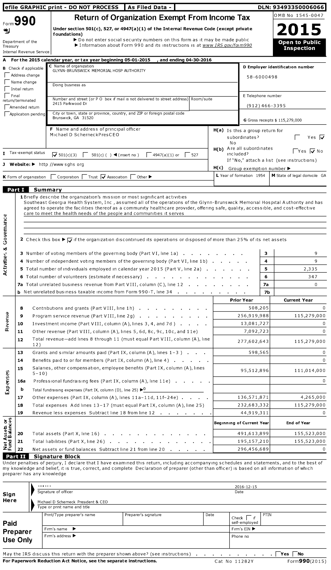 Image of first page of 2015 Form 990 for Glynn-Brunswick Memorial Hospital Authority (SGHS)