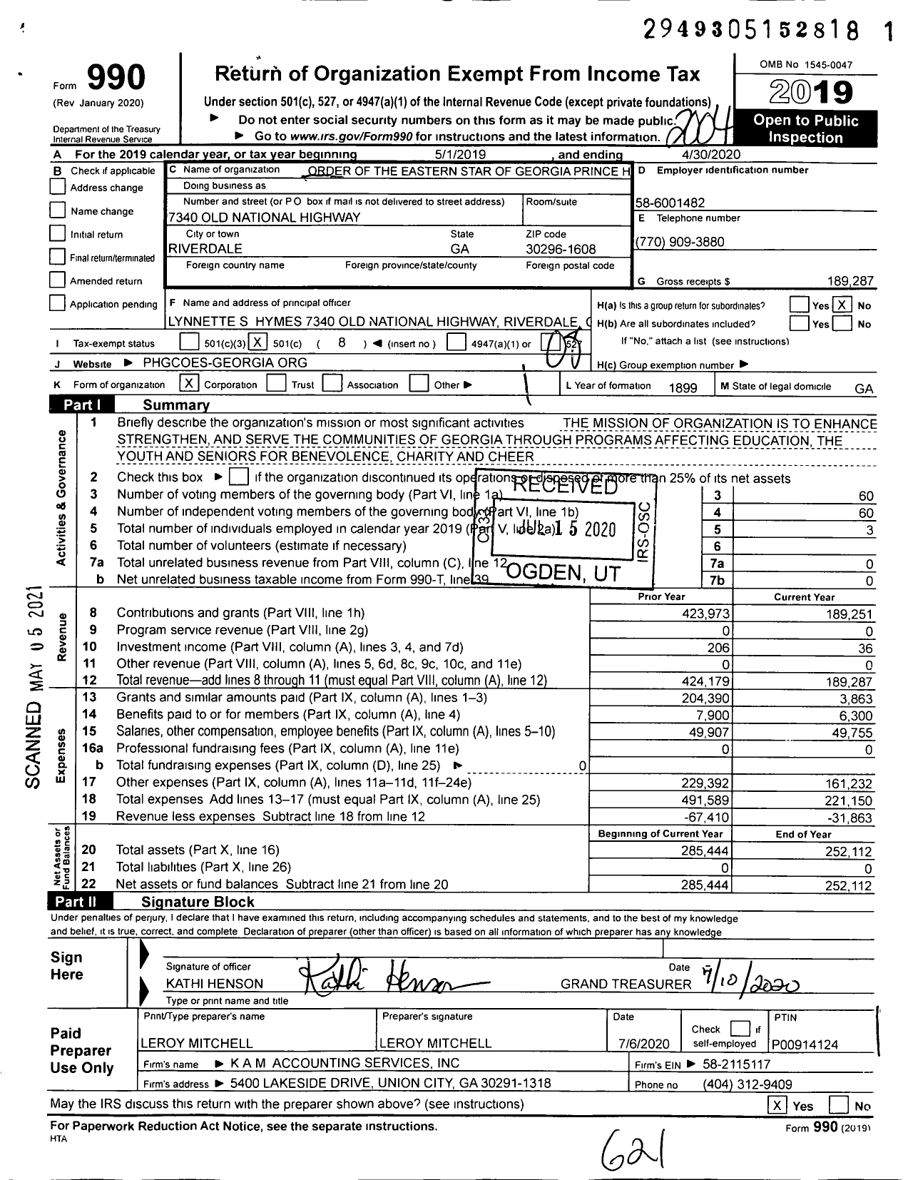 Image of first page of 2019 Form 990O for Order of the Eastern Star of Georgia Prince Hall Grand Chapter